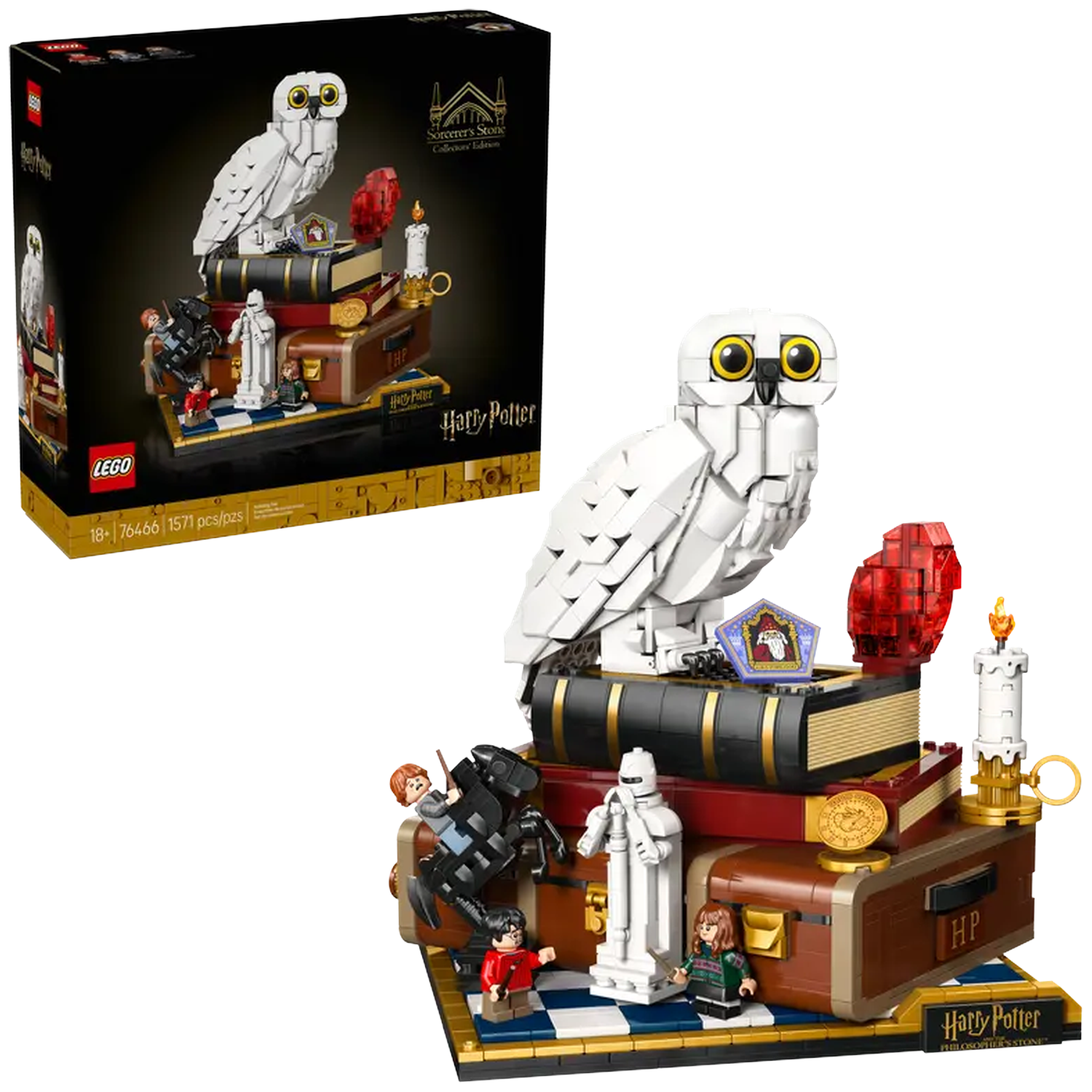 A Lego Harry Potter set features a white owl, books, a candle, and mini-figures. The set is on a base with a chessboard pattern.