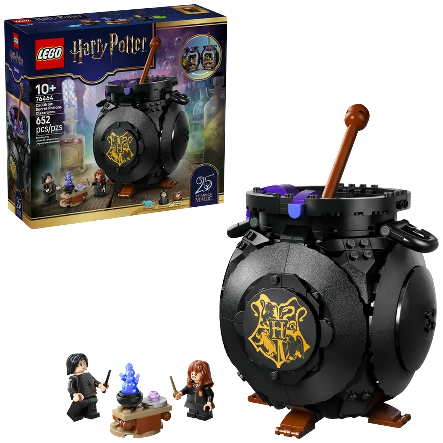 Een Lego Harry Potter set. Het bevat een zwarte ketel, minifiguren en een doos met details van de set.