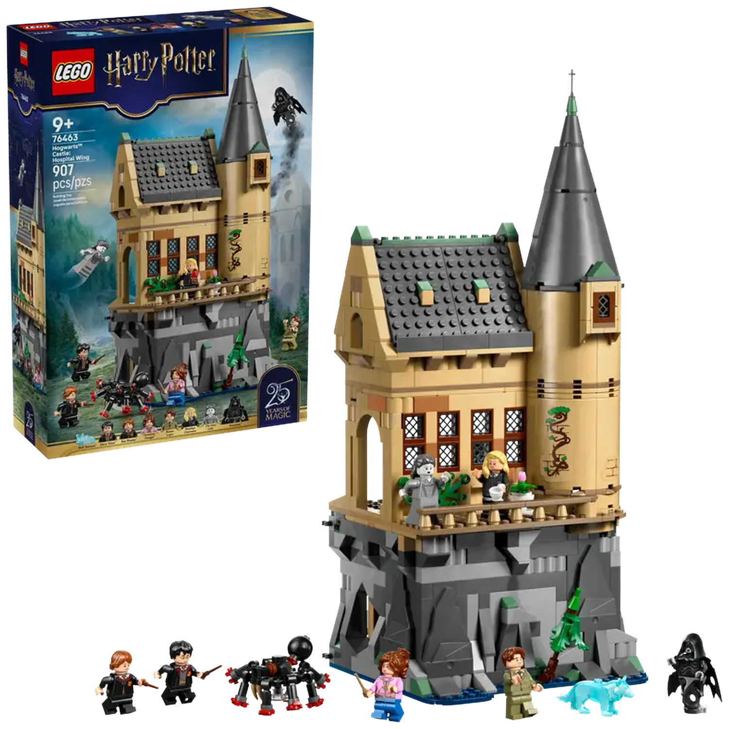 A Lego set of Hogwarts Castle's Hospital Wing. It includes the building, minifigures, and a box with the set's image. 