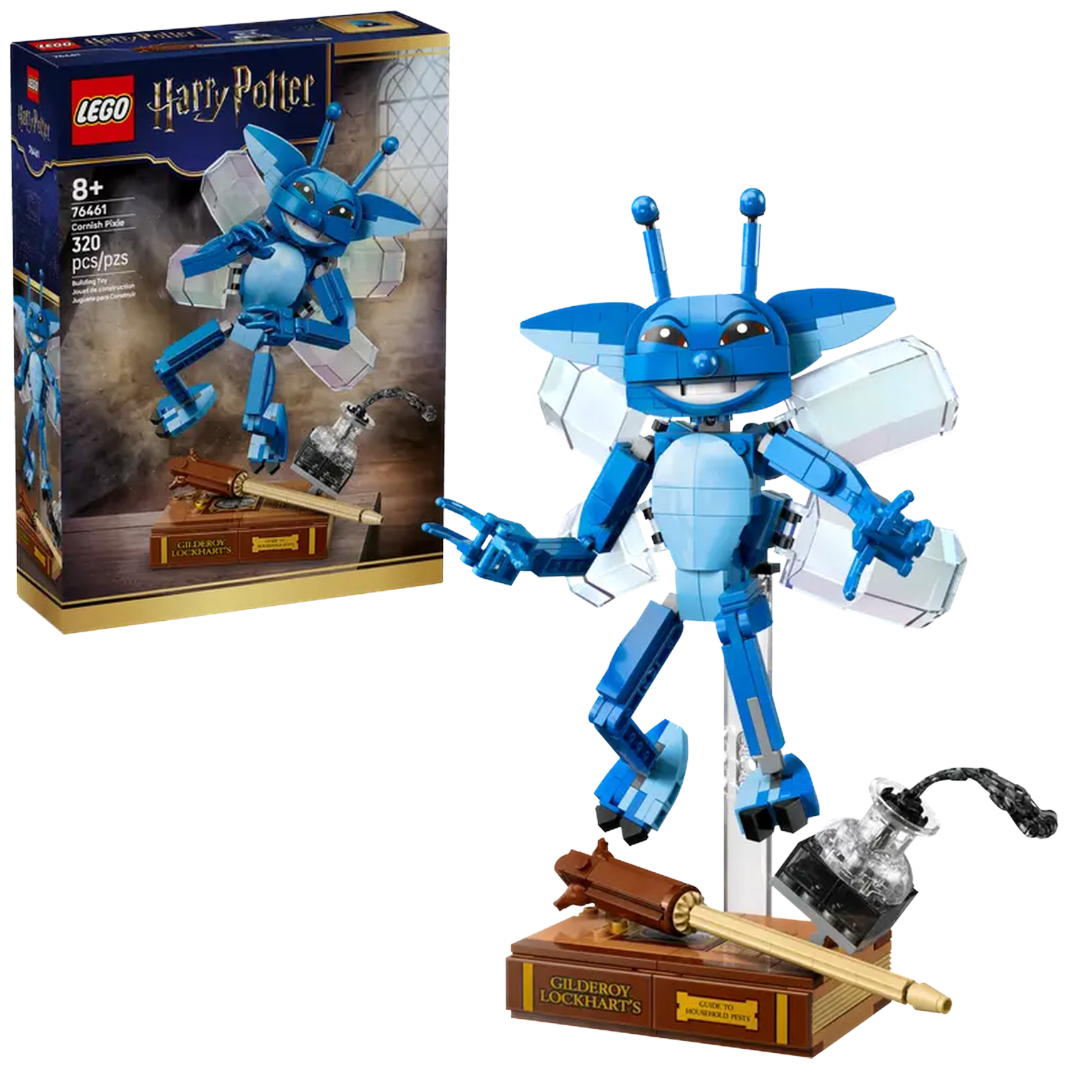 A Lego Harry Potter set features a blue Cornish Pixie, an inkwell, and a quill on a book. The box is visible.