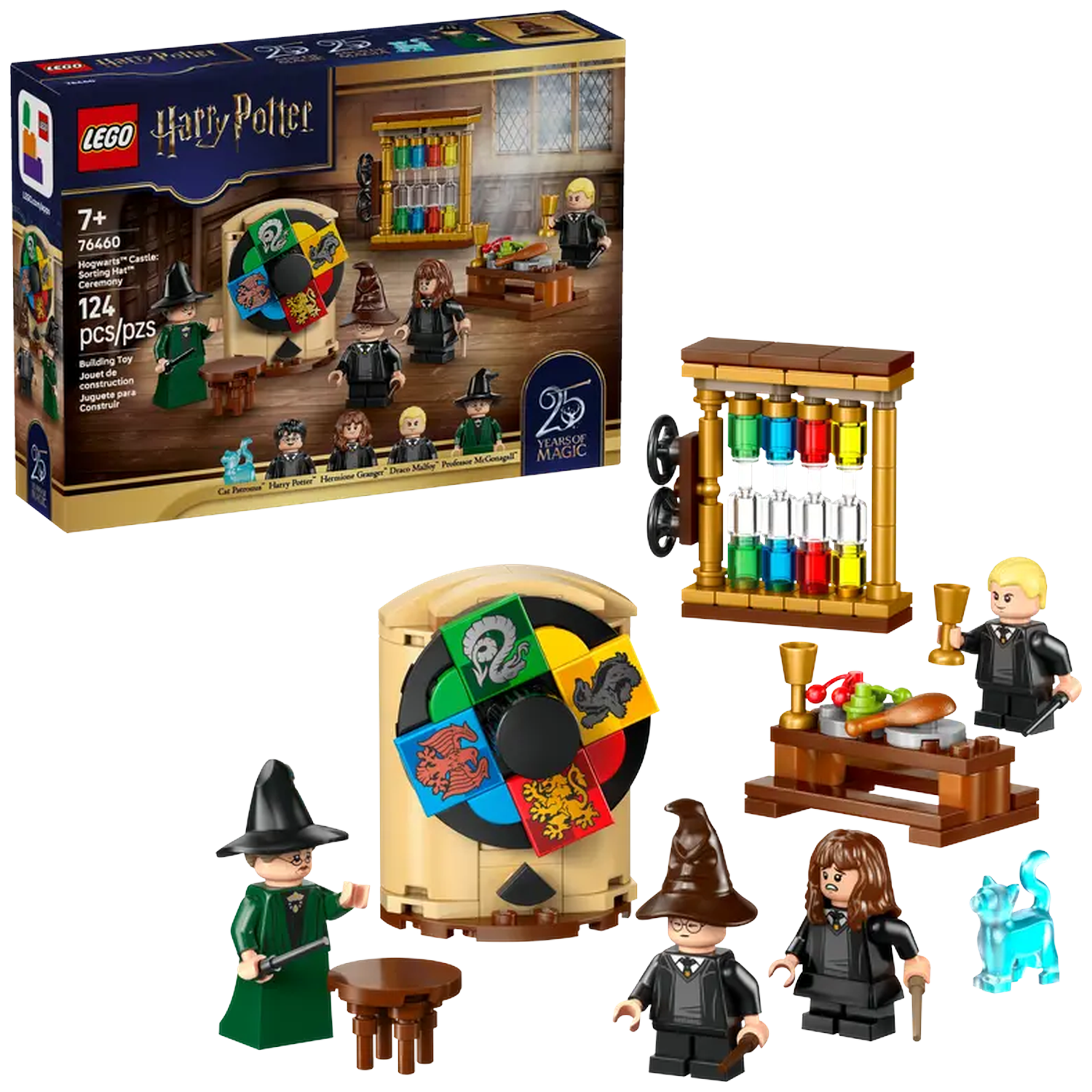 Lego set with Harry Potter characters. Includes sorting hat, potions, and various Lego figures. A box is on the left.