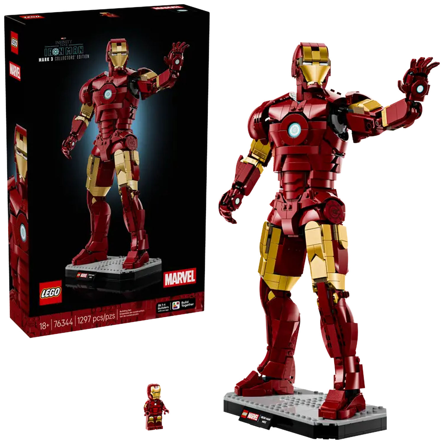 Iron Man Lego set. The model is red and gold. A box with the same model is in the background. A small Iron Man figure is present.