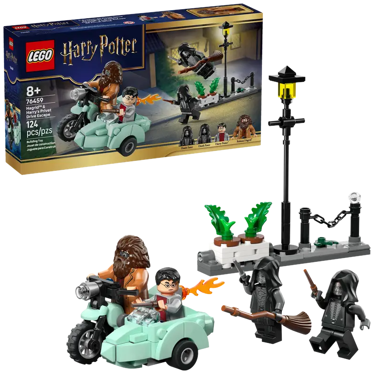 LEGO Harry Potter set. Hagrid and Harry on a motorcycle. Includes minifigures, lamppost, and Death Eater figures.