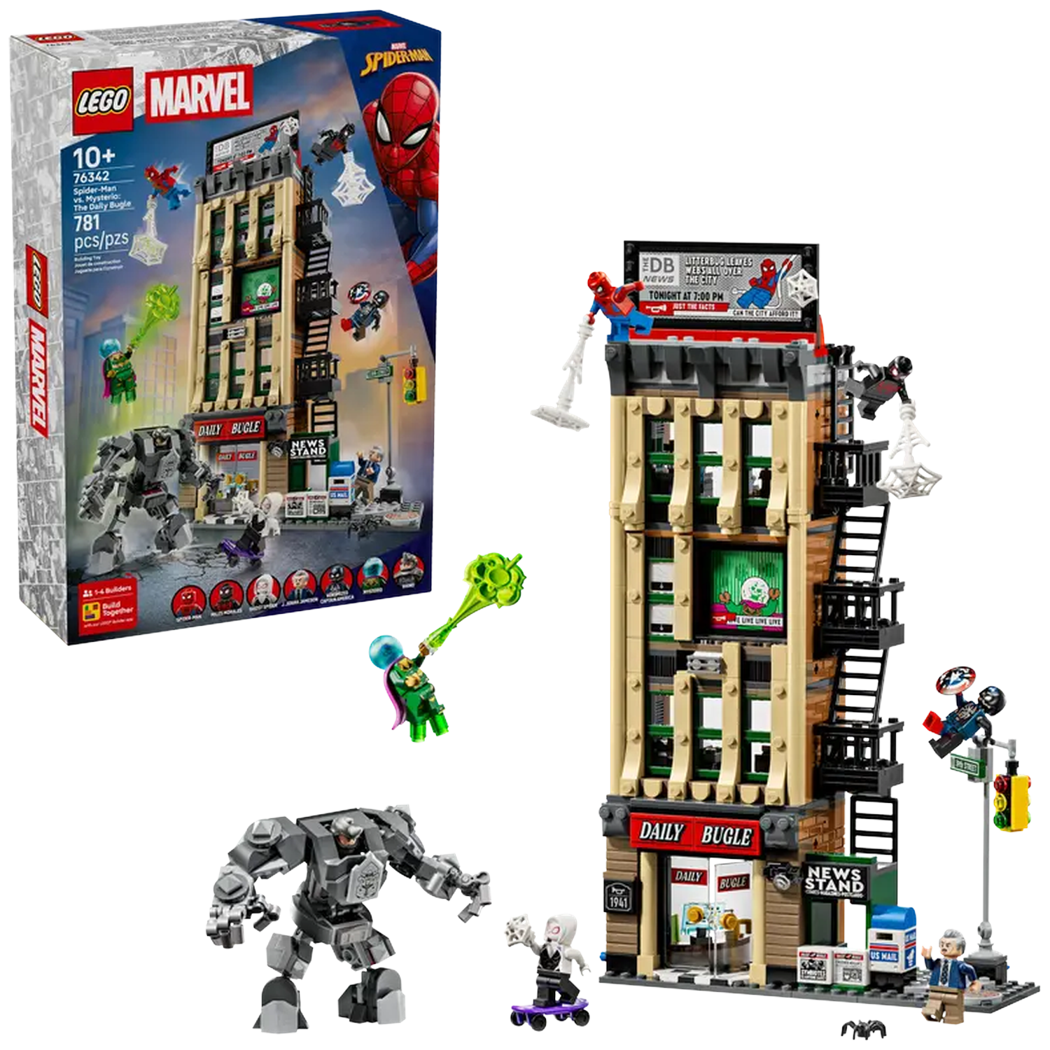 Lego set of the Daily Bugle, featuring Spider-Man and Mysterio. Includes minifigures and a robot. The building has a newsstand and a billboard.