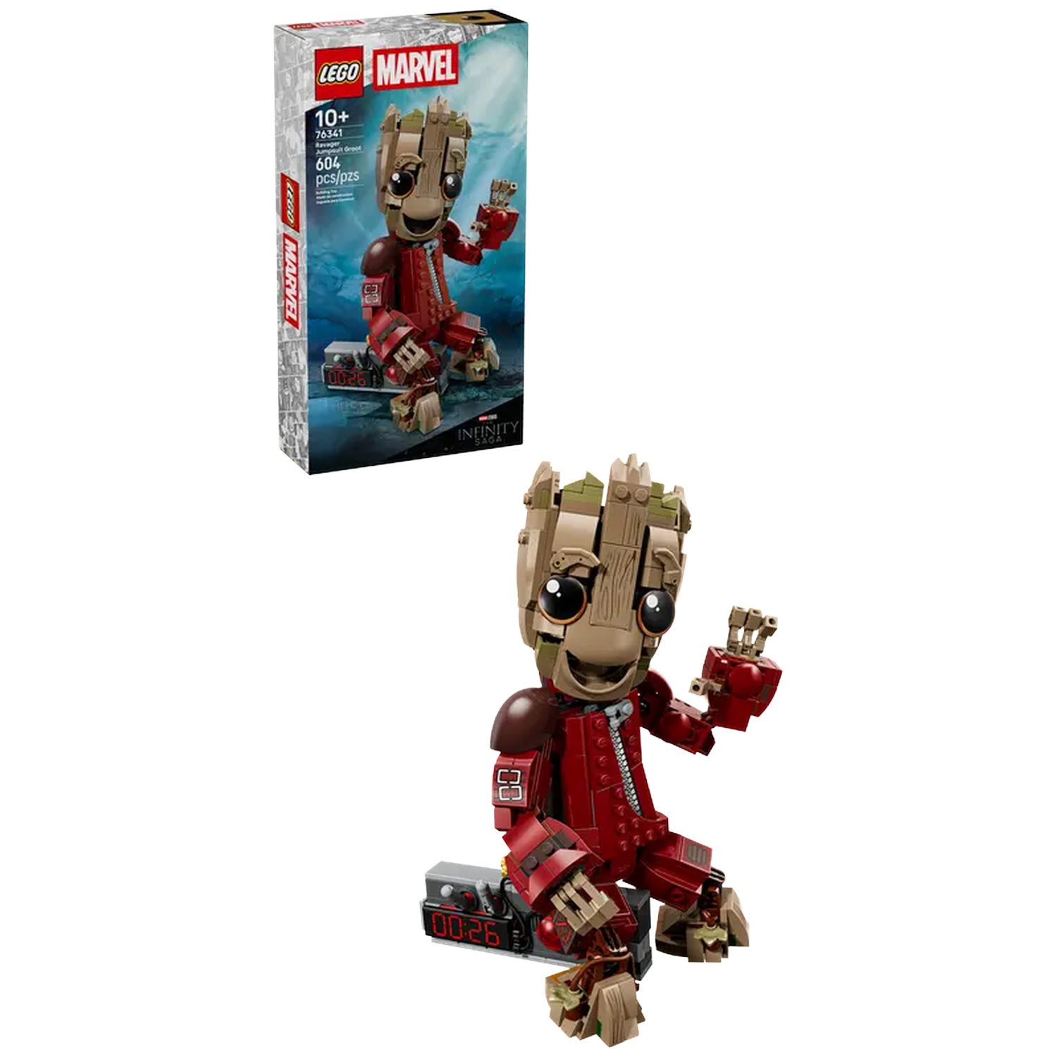 A Lego Groot figure in a red jumpsuit, sitting on a gray block. A Lego box shows Groot. The box has the Marvel logo and details.