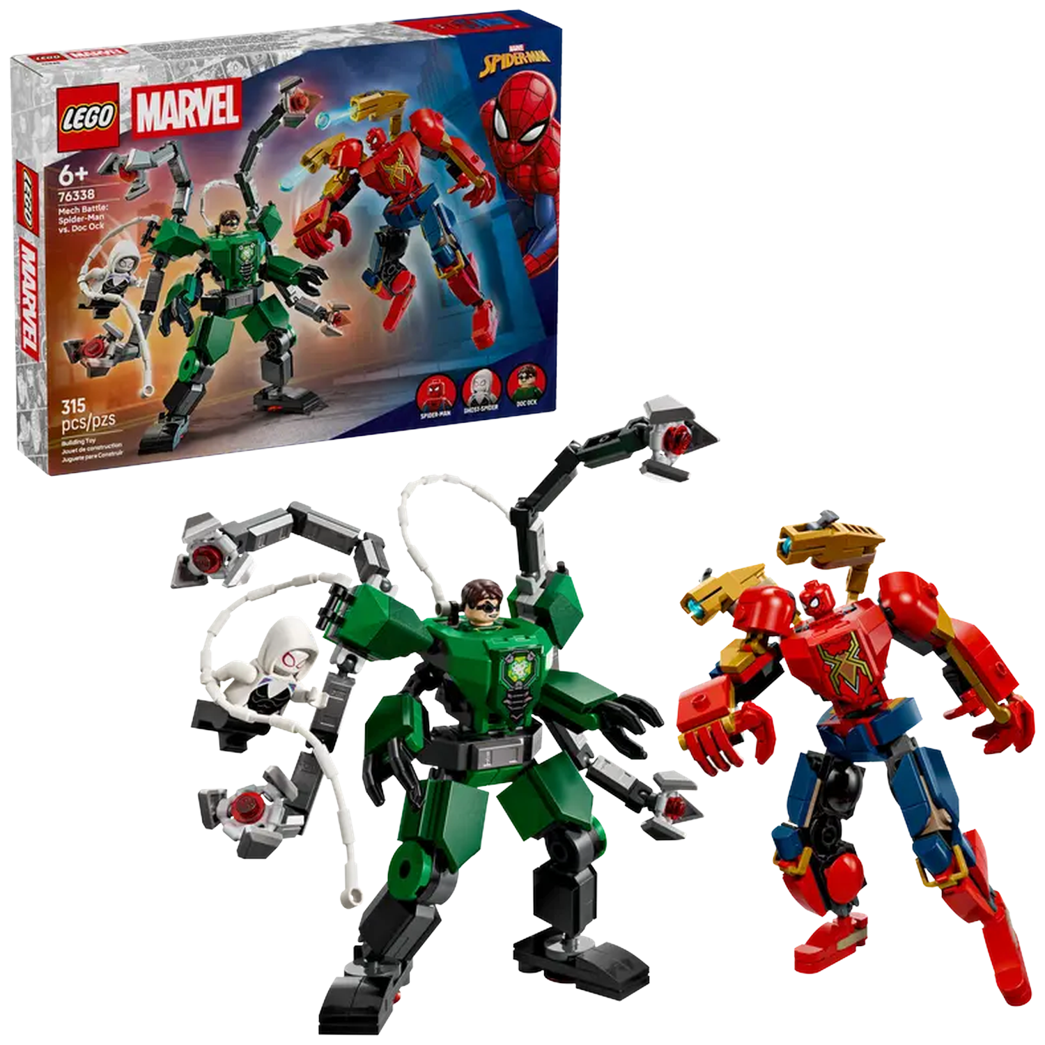 Lego set depicts Spider-Man and Doc Ock mech battles. Green and red robots with figures are shown in front of the box.