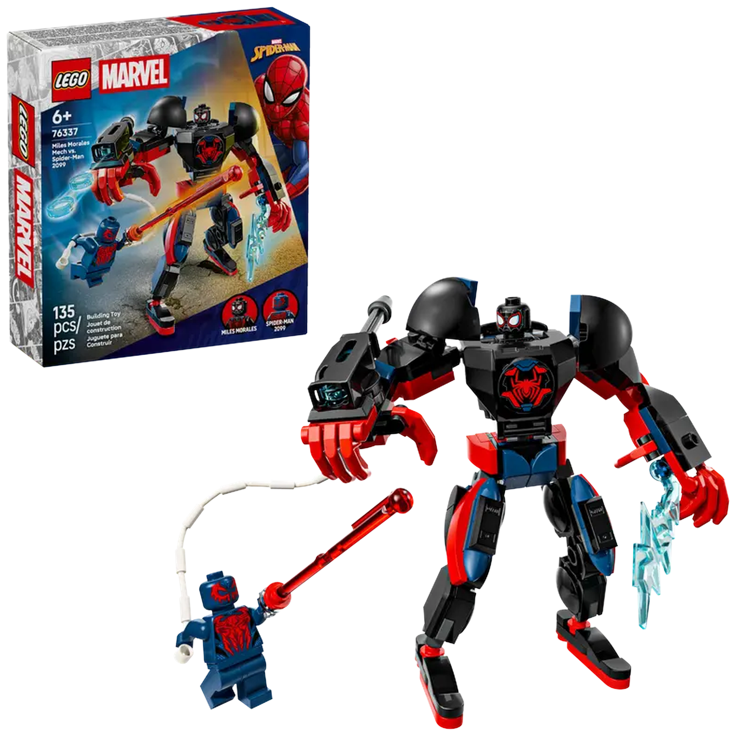 Lego Marvel set featuring a black, red, and blue mech and Spider-Man figure. Box shows Miles Morales vs Spider-Man 2099.
