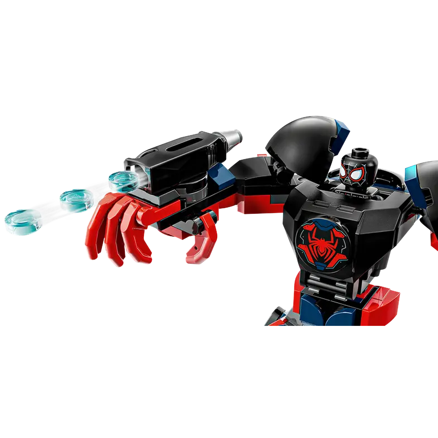 A Lego Spider-Man robot figure. It is black and red, with blue accents. It is shooting three translucent blue projectiles.