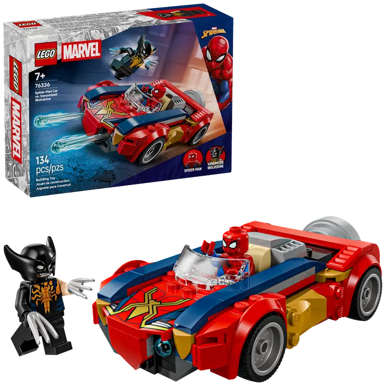 Lego set of Spider-Man car, Wolverine figure. Red, blue, and gold car with Spider-Man minifigure. Box shows images of the set.