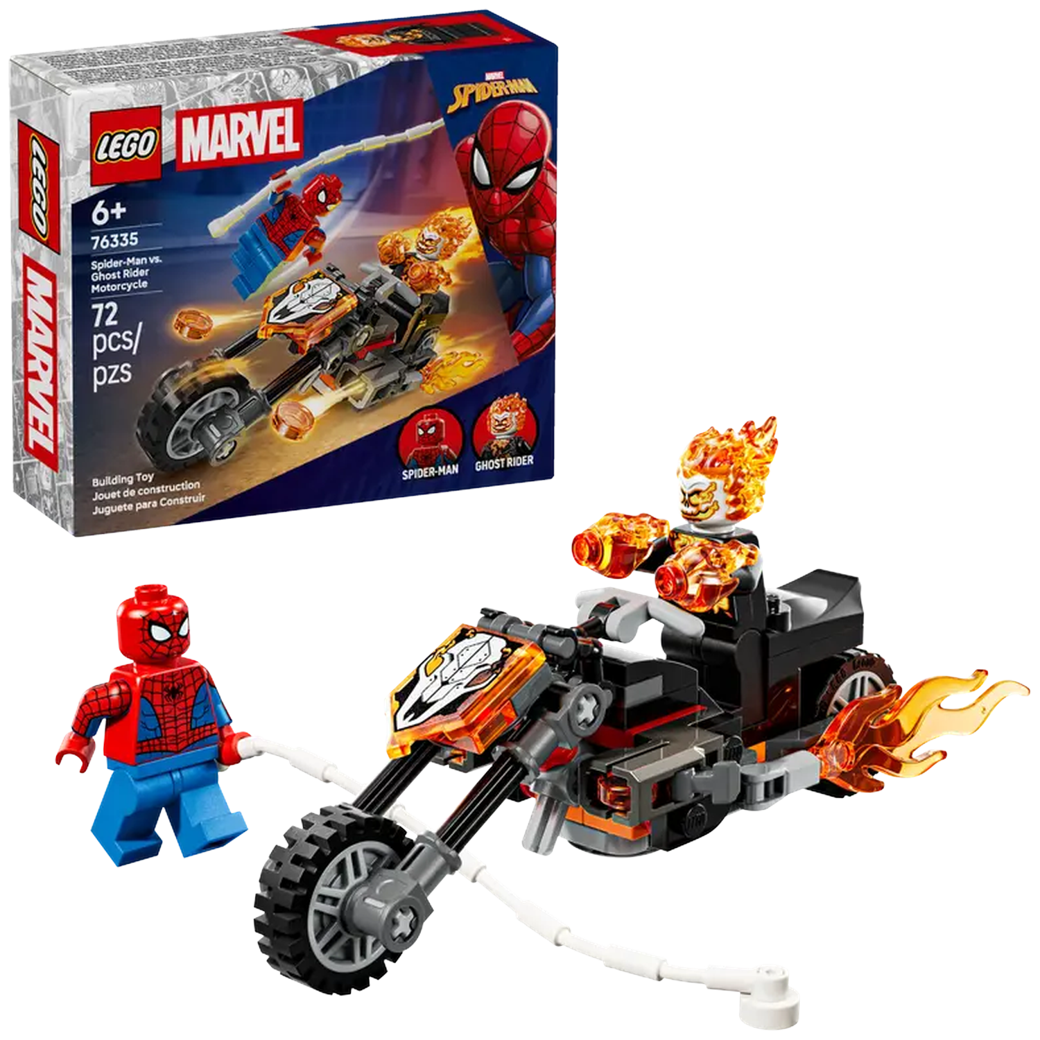 Lego set: Spider-Man vs Ghost Rider. Includes Spider-Man and Ghost Rider minifigures, motorcycle, and box art with the characters.