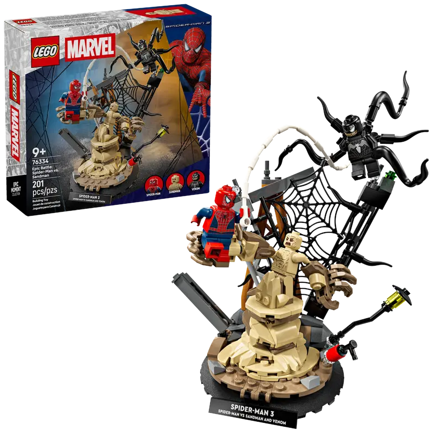 Lego Marvel set. Spider-Man, Sandman, and Venom figures on a circular base with web and building block elements.