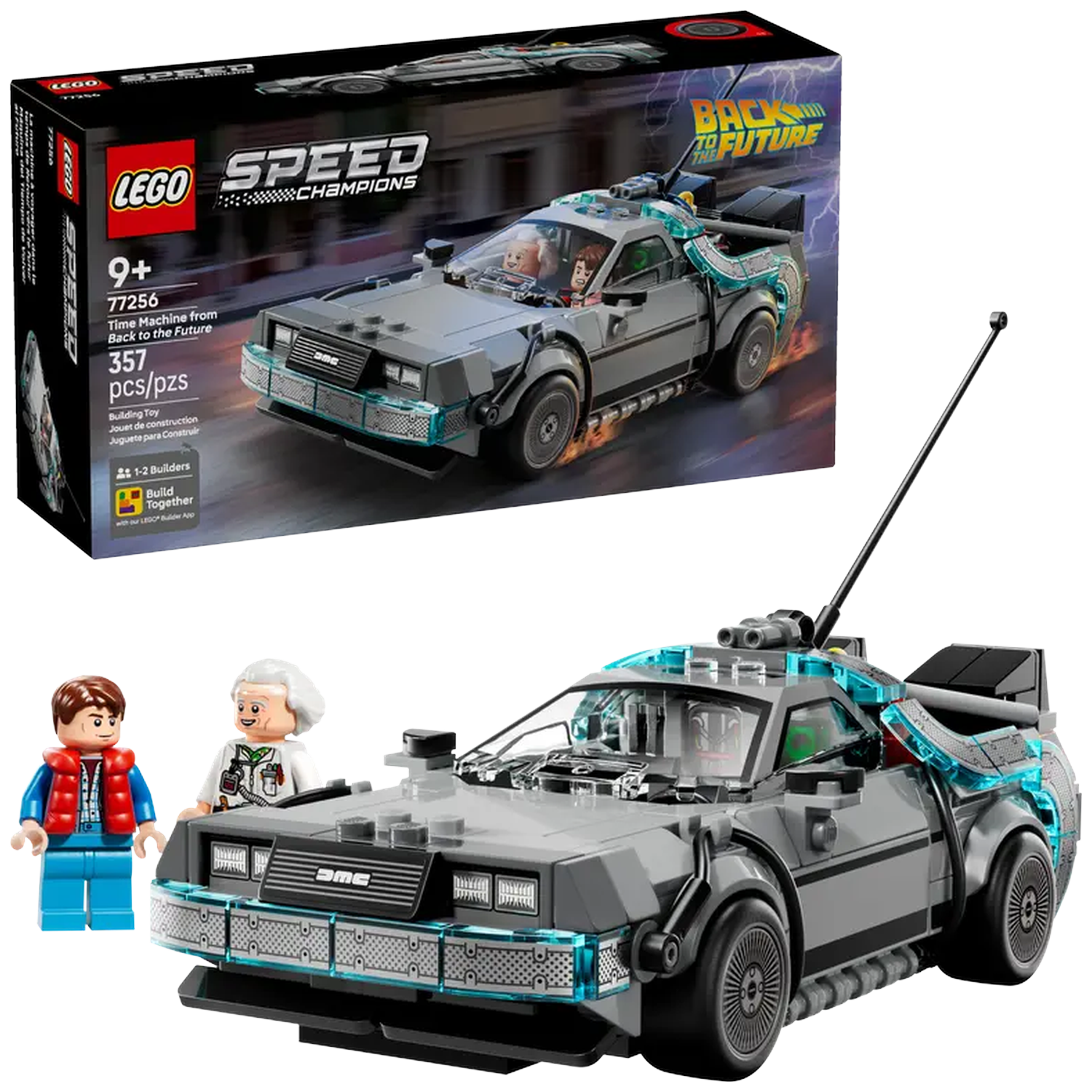 Een Lego Back to the Future DeLorean auto set, met minifiguren van Marty McFly en Doc Brown, en de doos op de achtergrond.