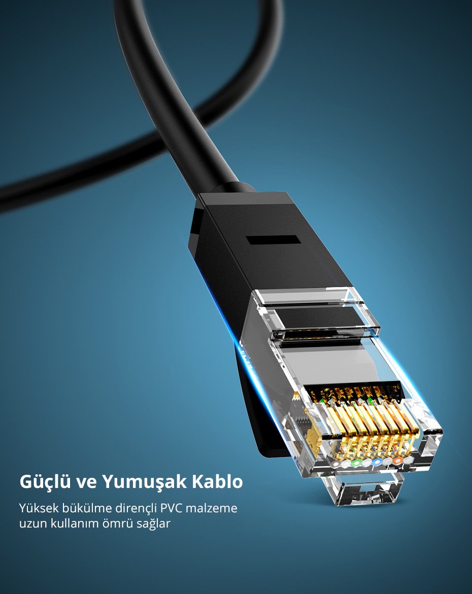 Siyah bir Ethernet kablosu konektörünün yakın çekimi. Kısmen şeffaf, altın renkli pimleri mavi bir arka plan üzerinde gösteriyor.