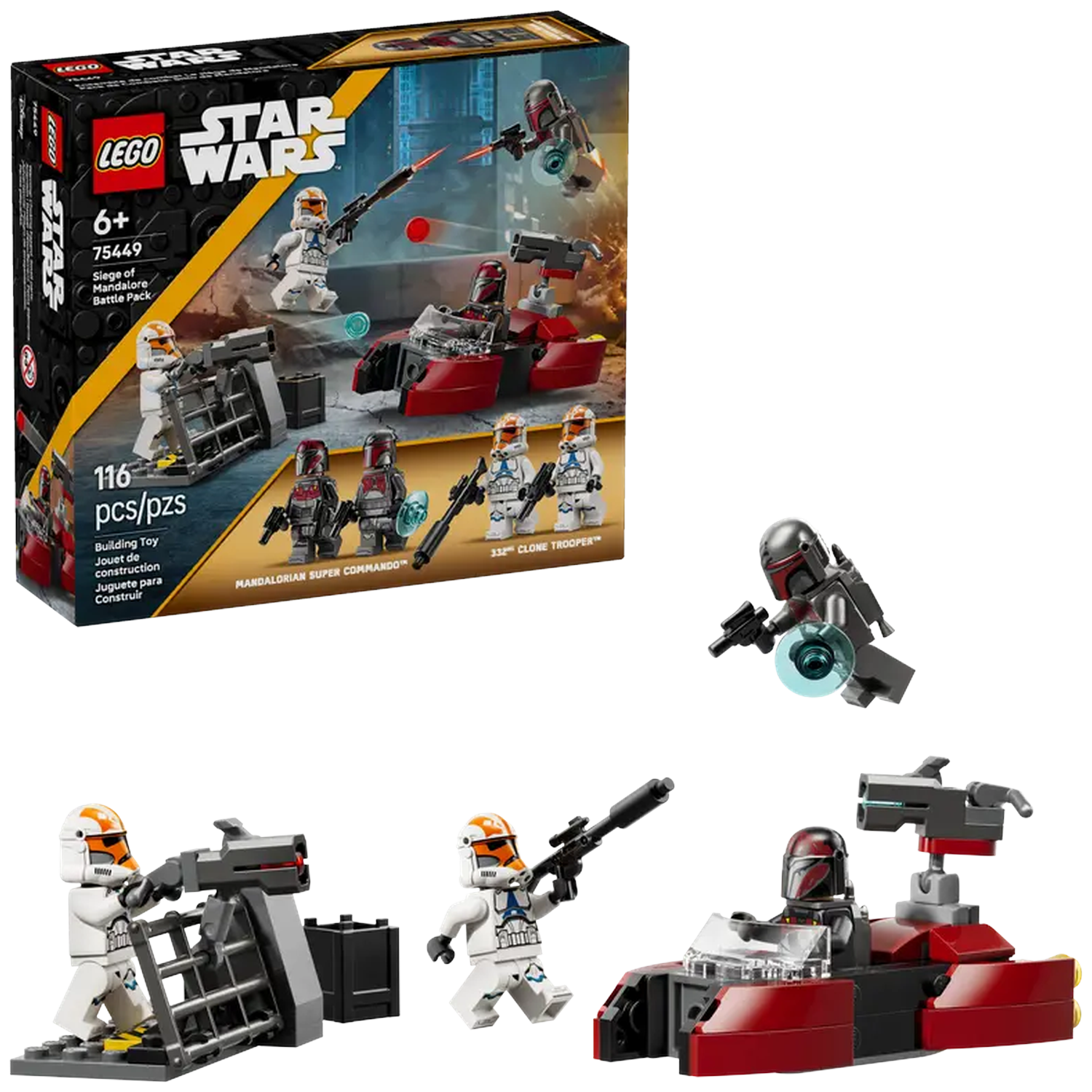 Lego Star Wars set. Box shows figures and a red vehicle. Includes Clone Troopers, Mandalorians, and a battle pack.