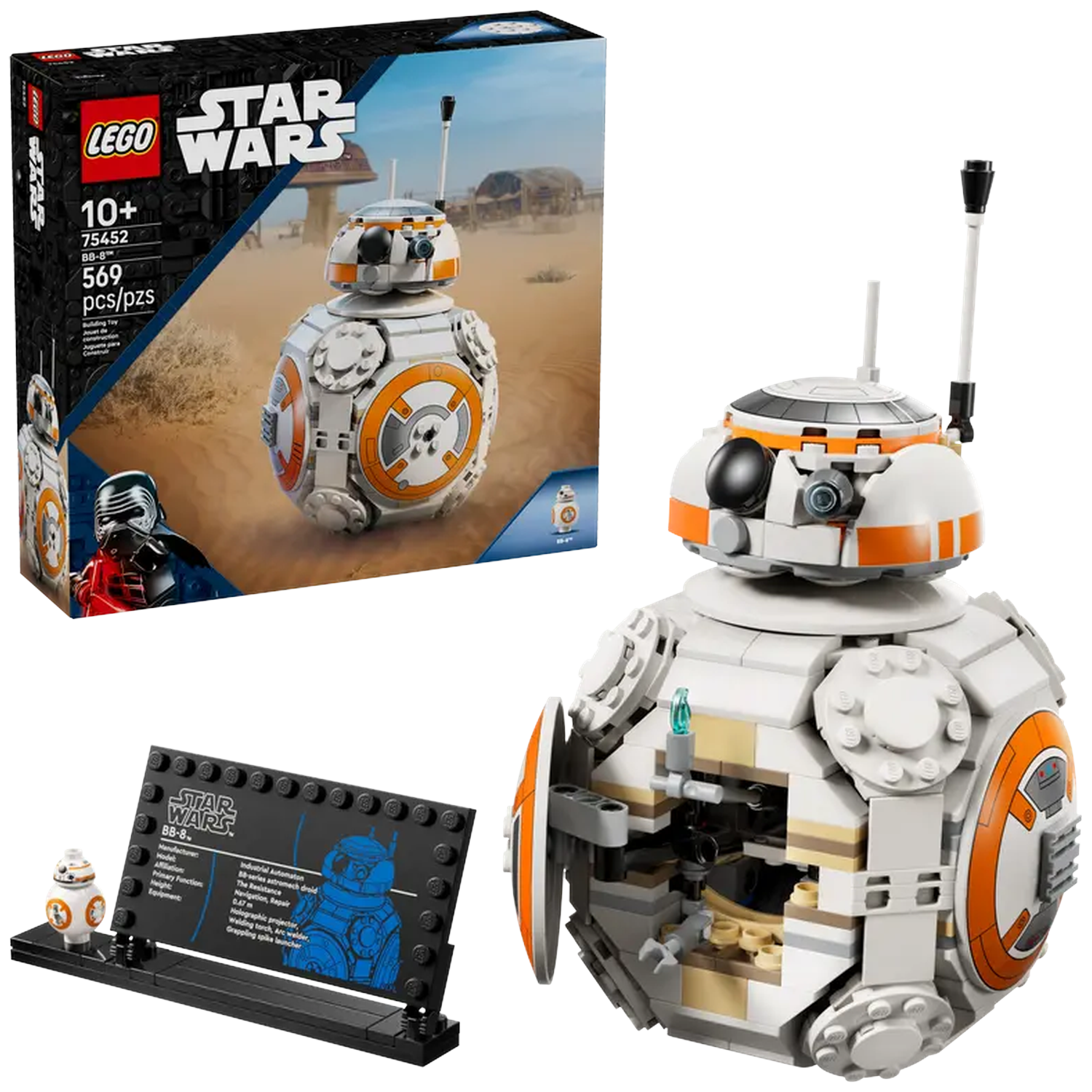 LEGO Star Wars BB-8 set. De doos toont de droid in een woestijnscène. De bouwbare droid is wit en oranje met een zwarte antenne.