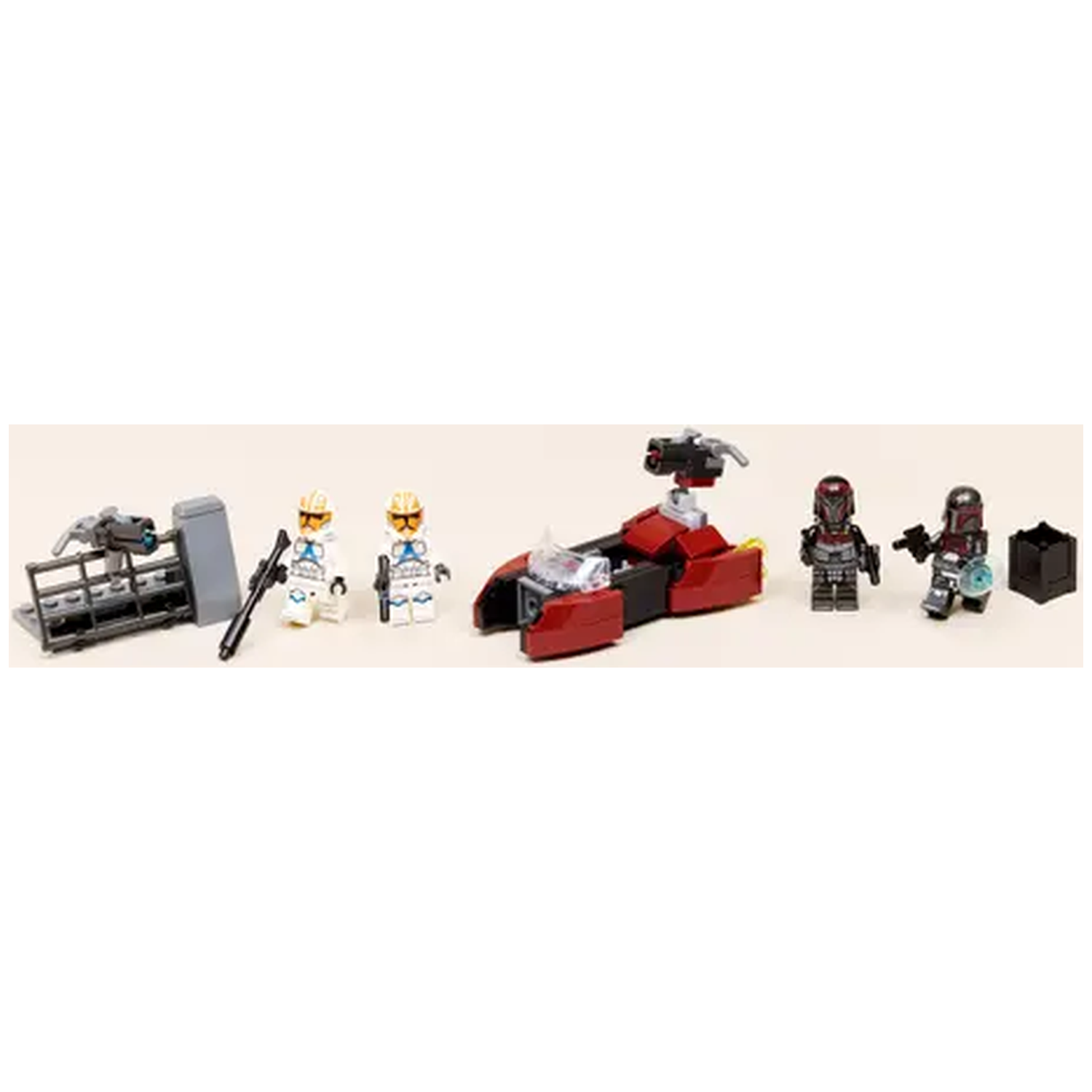 Lego set with several minifigures, a red speeder, and a gun emplacement. Minifigs include soldiers and Mandalorian characters.