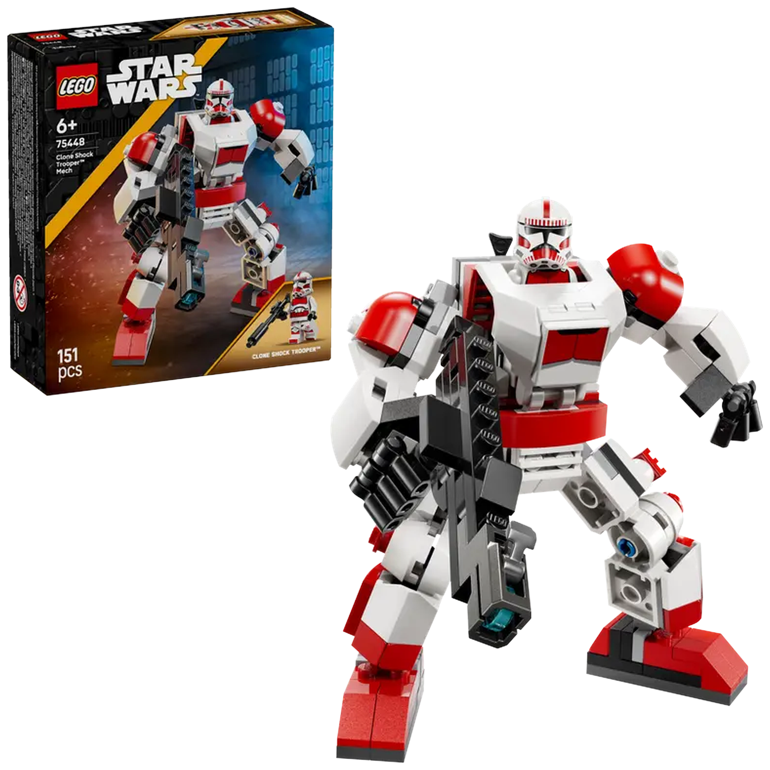 Een Lego Star Wars set toont een witte en rode mech, een doos met de set-afbeelding en de woorden 'Clone Shock Trooper Mech'.