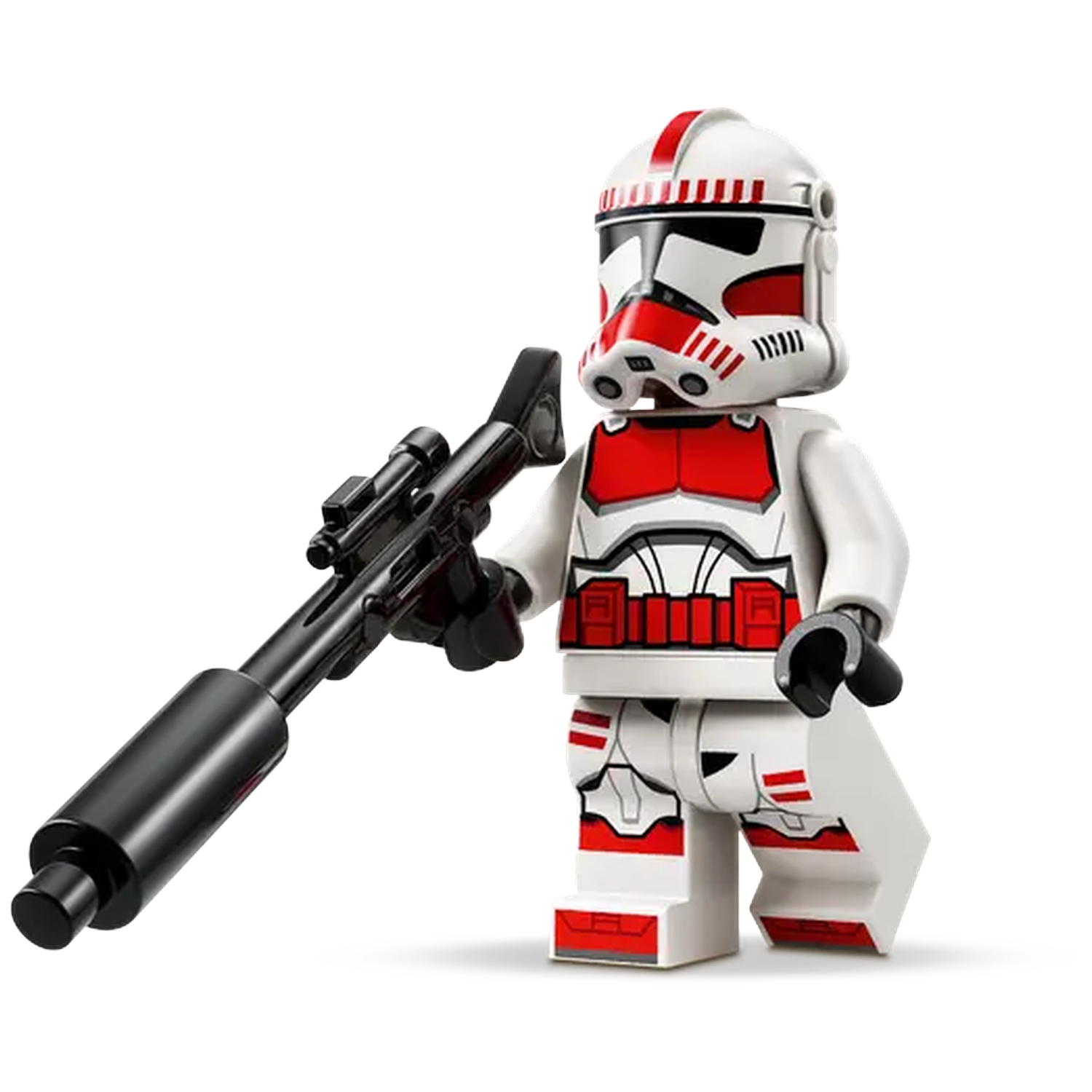 Een Lego Star Wars clone trooper figuur in witte en rode bepantsering, met een zwart blaster geweer. De figuur staat op een witte achtergrond.