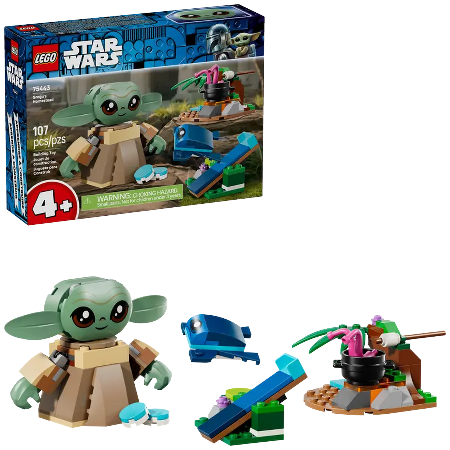 Lego Star Wars Grogu's Homestead set. It features Grogu, a blue creature, a cauldron, and a seesaw. The box is also visible.