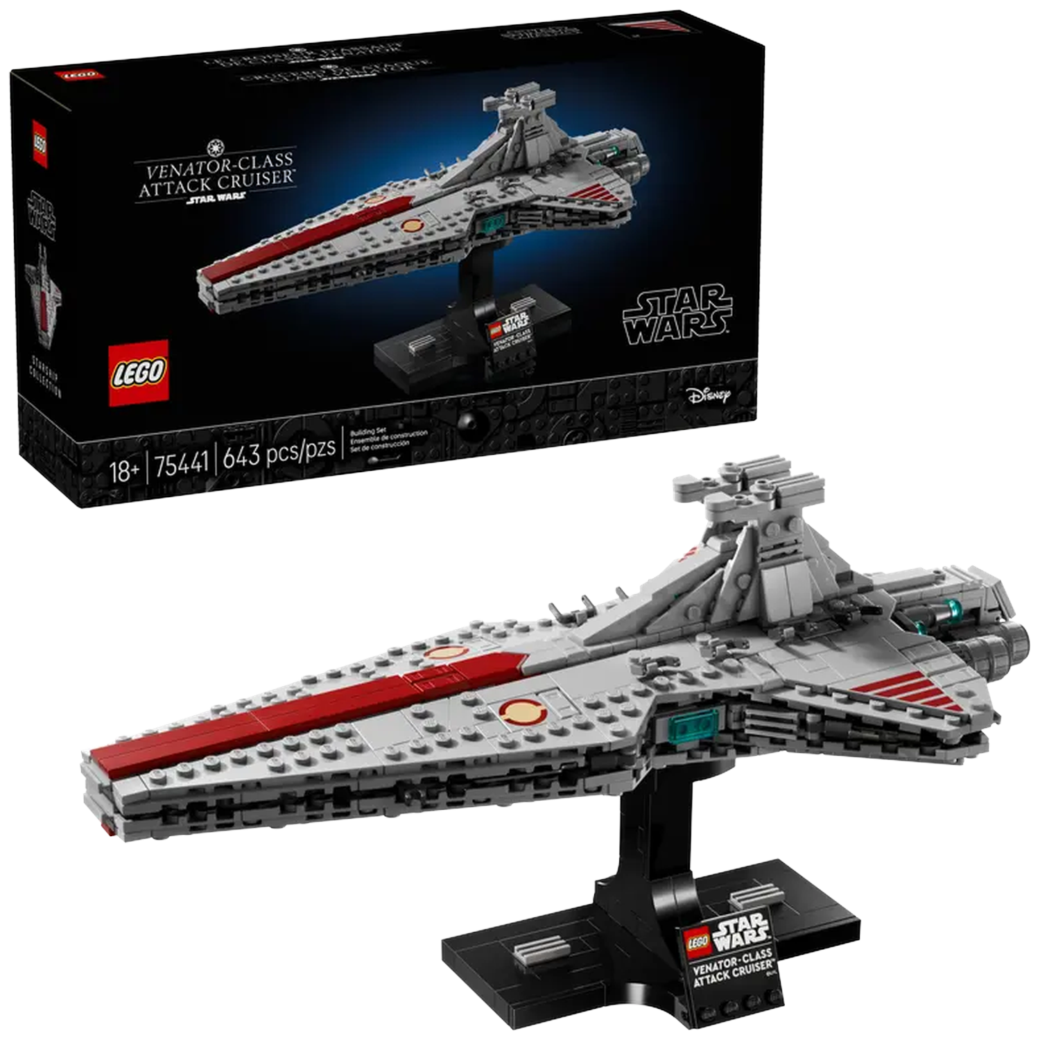 Een Lego Venator-Class Attack Cruiser Star Wars set wordt getoond. Het model is grijs met rode accenten, op een zwarte standaard. Er staat een doos achter.