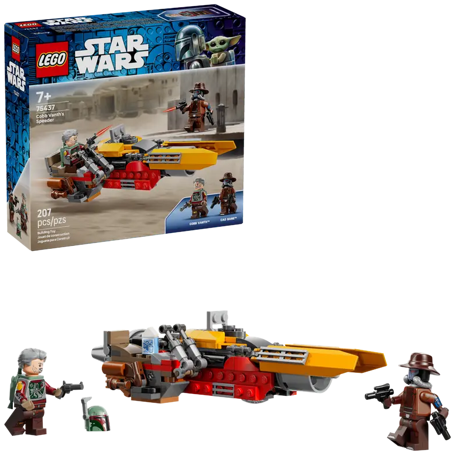 Lego Star Wars set, featuring a yellow and red speeder with minifigures of Cobb Vanth and Cad Bane, and a box.