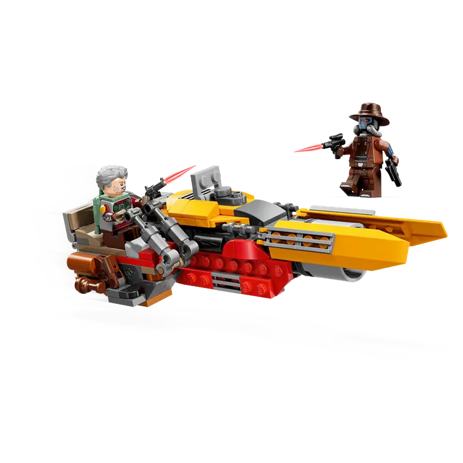 Lego set with a yellow speeder. A minifigure is driving it, another is aiming a weapon. White background.