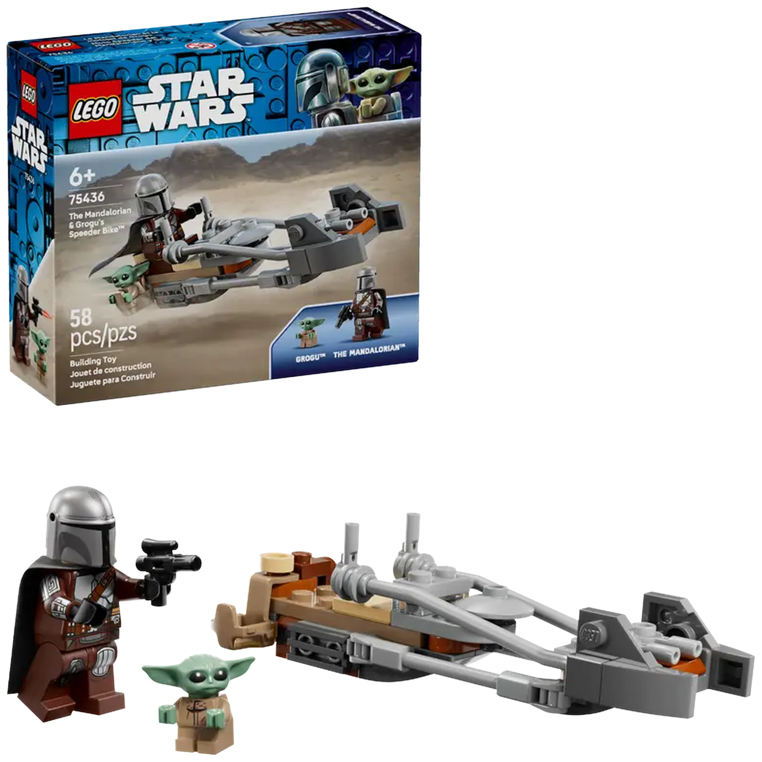 A Lego Star Wars set features The Mandalorian and Grogu on a speeder bike. The box shows the set, the figures and the speeder.