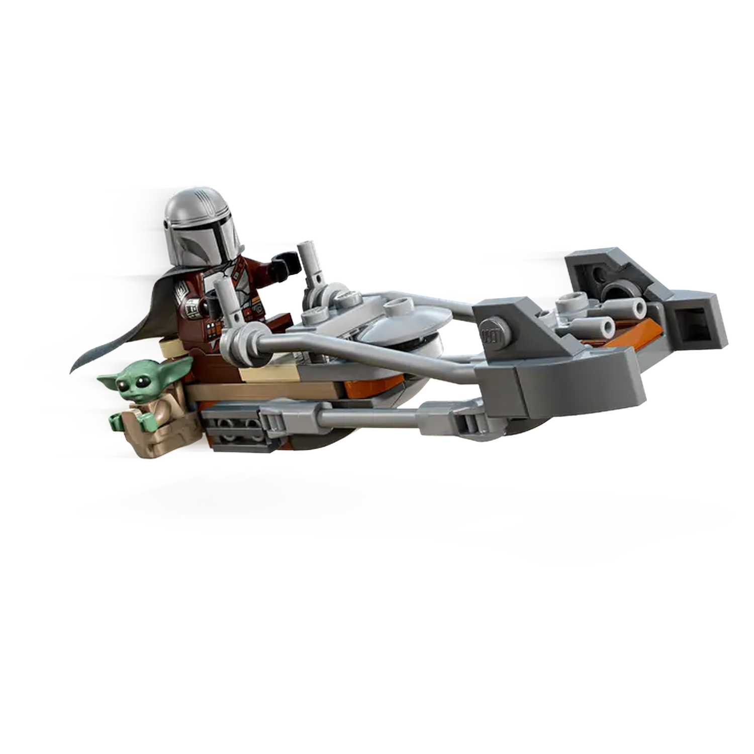 Lego set: Mandalorian on a speeder with Baby Yoda. Grey vehicle, figure in armor, and green Baby Yoda on the side. White background.