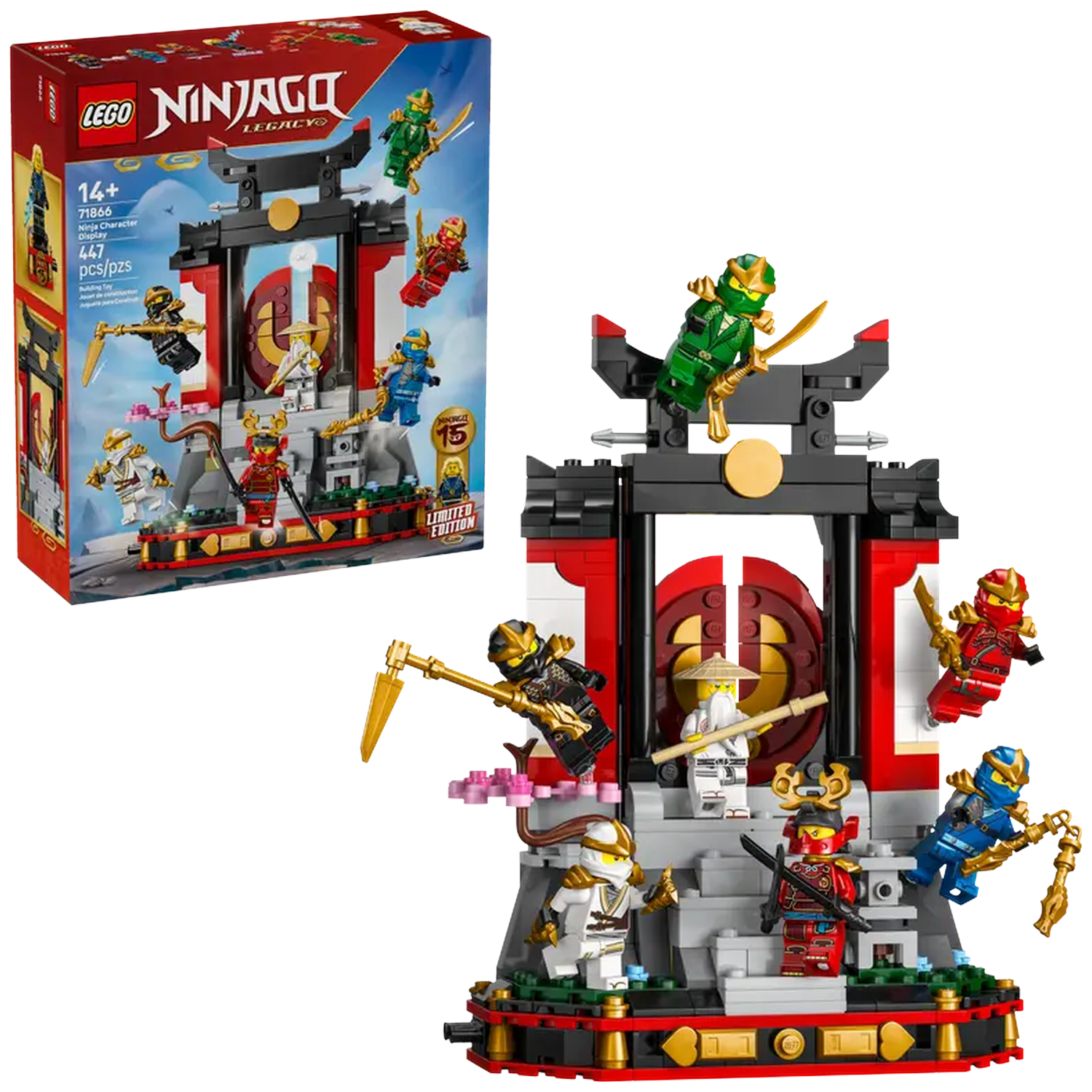 A Lego Ninjago set, featuring ninja figures and a temple structure. Figures are in various colors, some are in mid-air.
