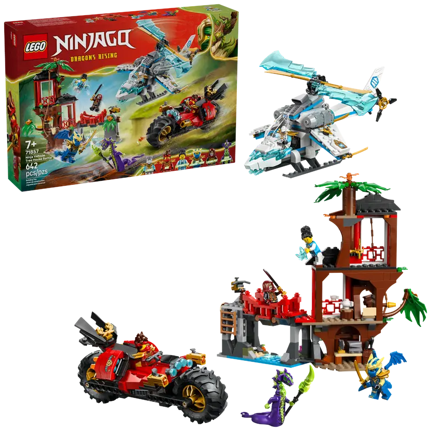 Lego Ninjago set, including a red motorcycle, a blue and white plane, a treehouse, and minifigures, all on a white background.