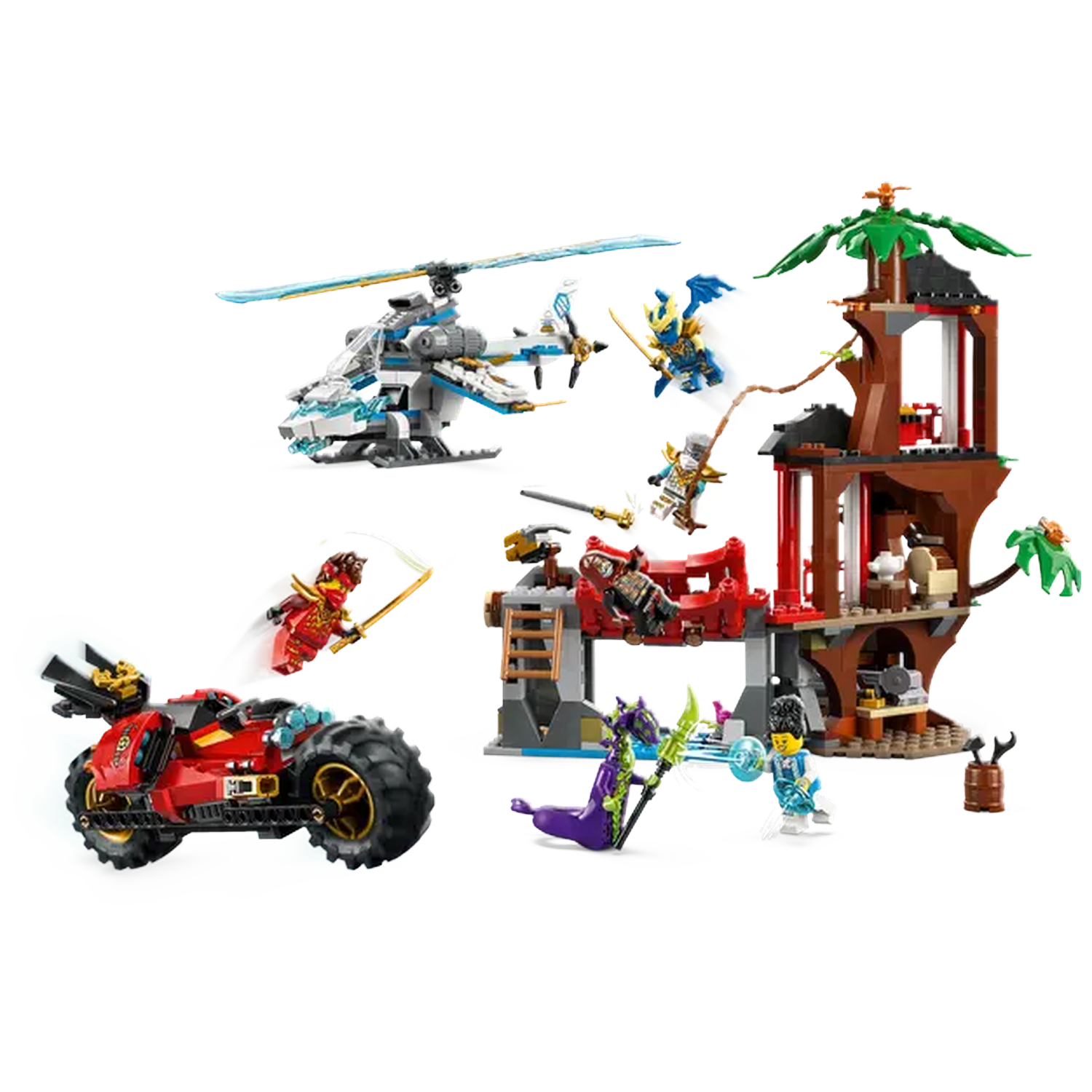 Lego set with a red car, helicopter, and a multi-level structure with minifigures. Action scenes are depicted with the characters.