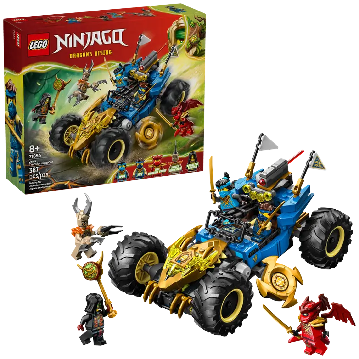 Lego Ninjago set featuring a blue and gold transforming car and several minifigures. Box art is included.