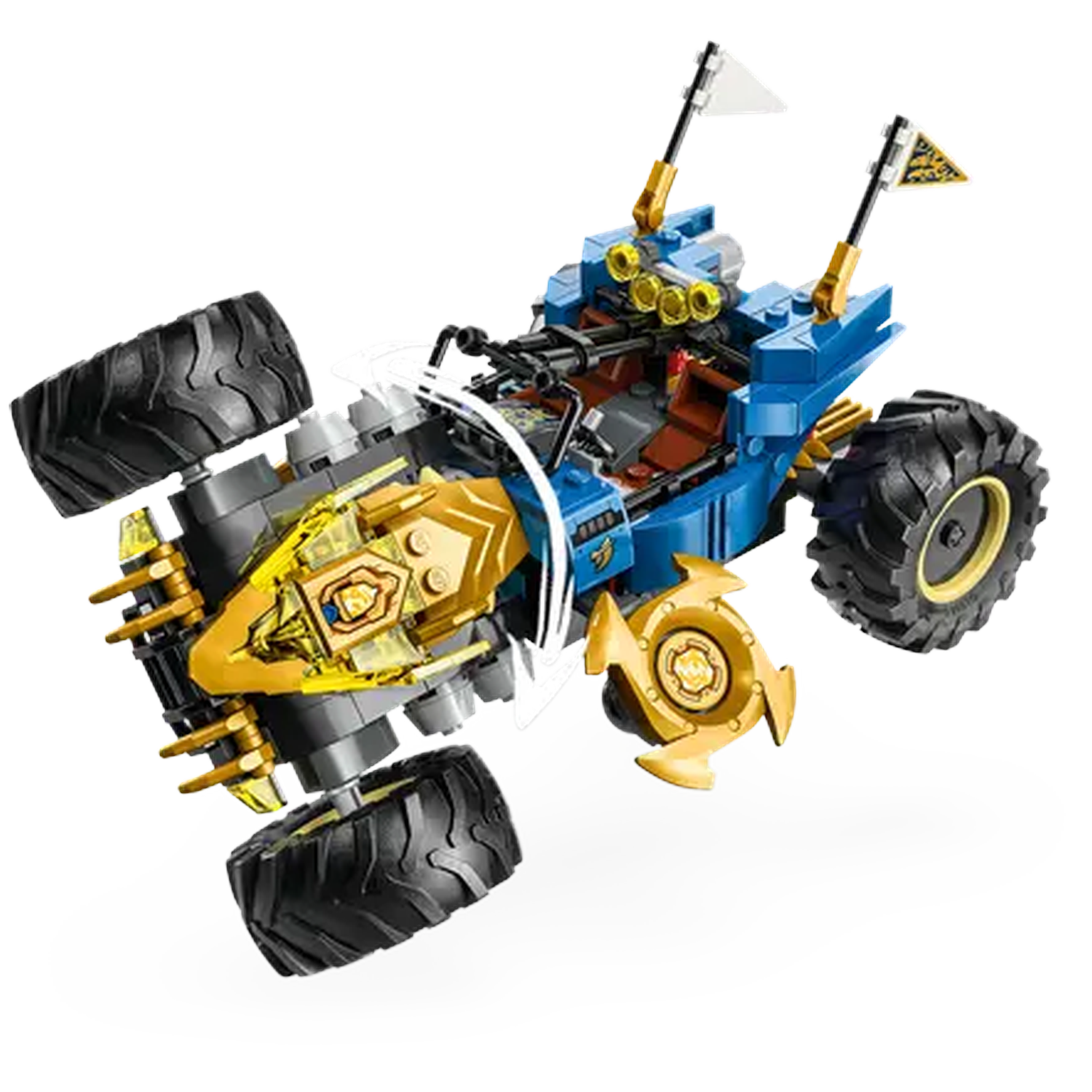 A blue and gold Lego vehicle with large black tires. It has flags and a weapon.