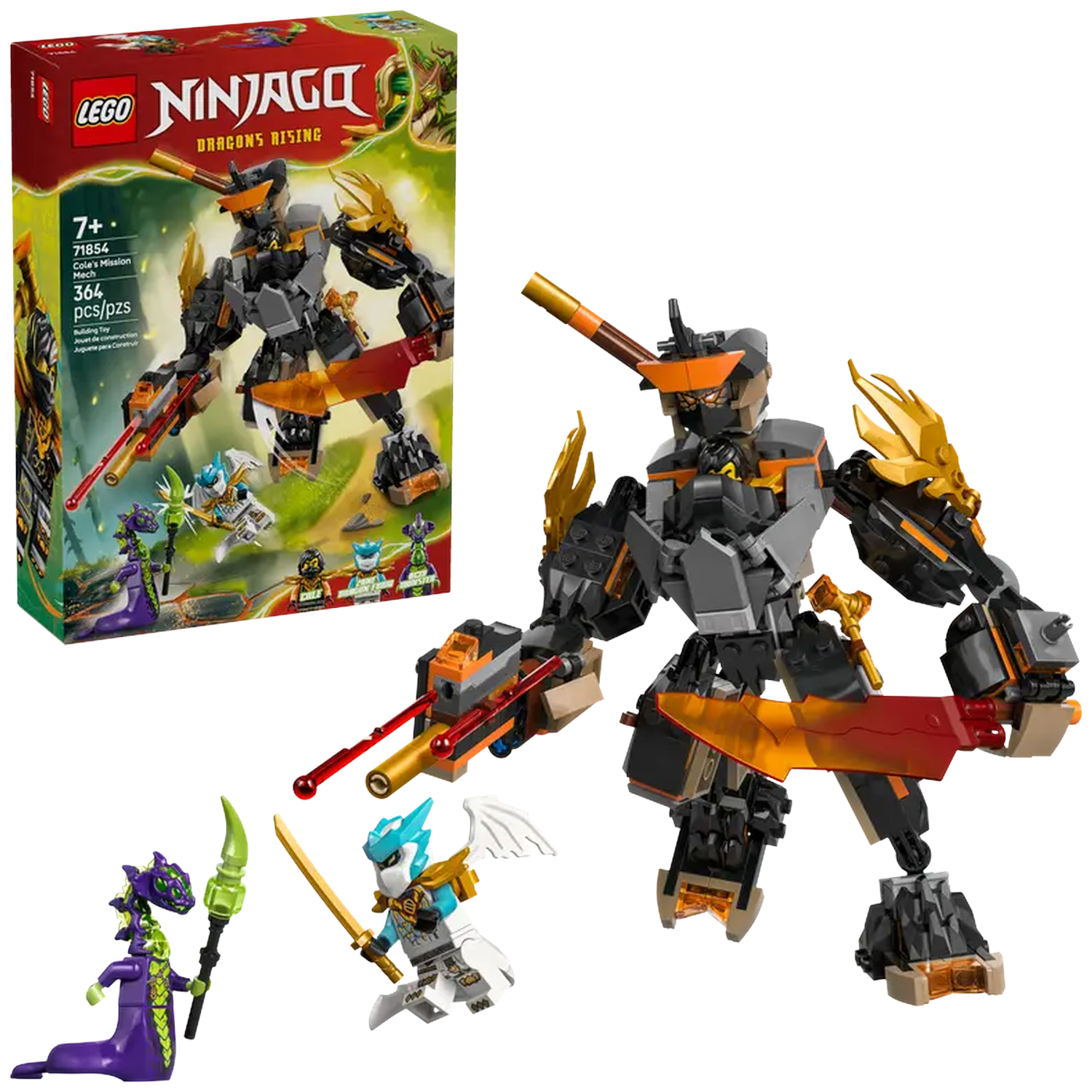 LEGO Ninjago set featuring a mech, minifigures, and a box. The mech is gray, black, and orange. The figures are colorful.