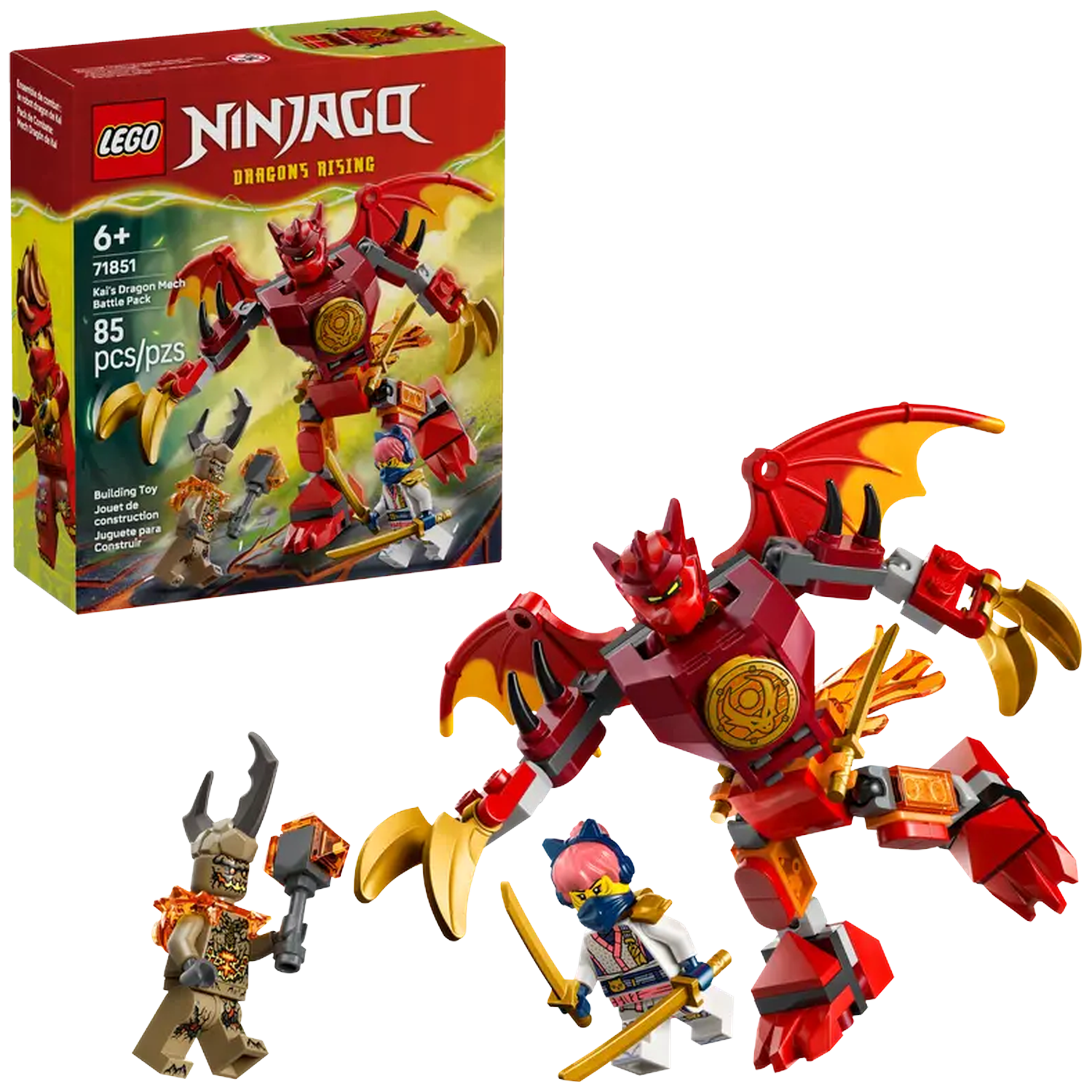 Lego Ninjago set featuring a red dragon mech, minifigures, and a box with the set's image. The box says 'Kai's Dragon Mech'.