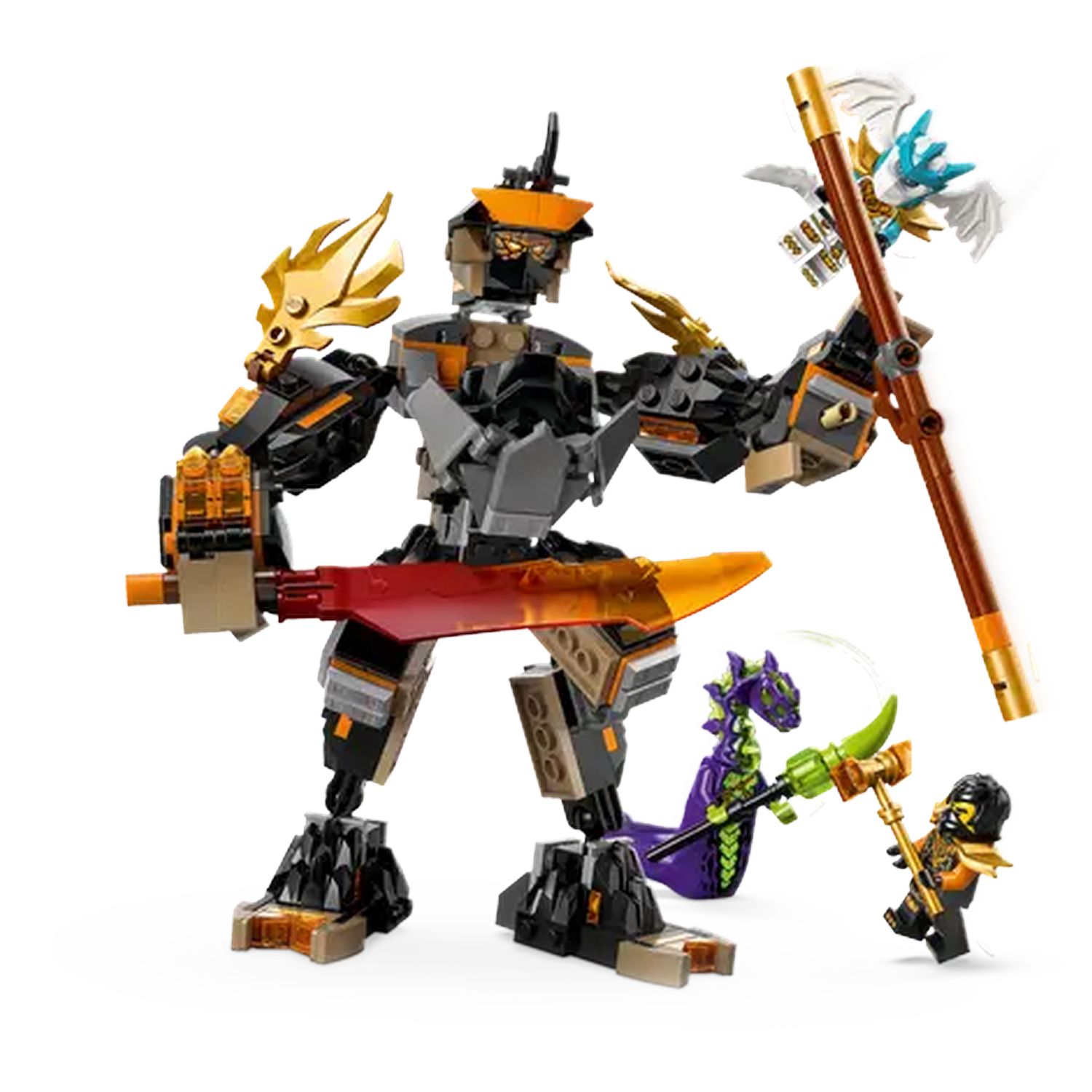 A Lego set featuring a large mech figure with weapons, and smaller figures, including a dragon and a warrior.