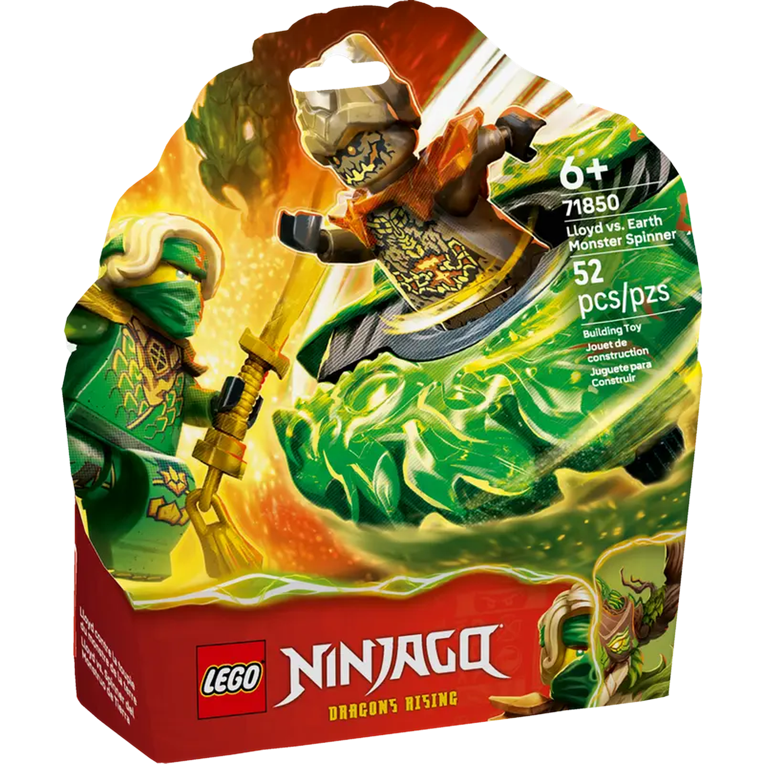 Lego Ninjago box shows two figures in action, green and gold, with a dragon in the background, text says Lloyd vs. Earth Monster Spinner.