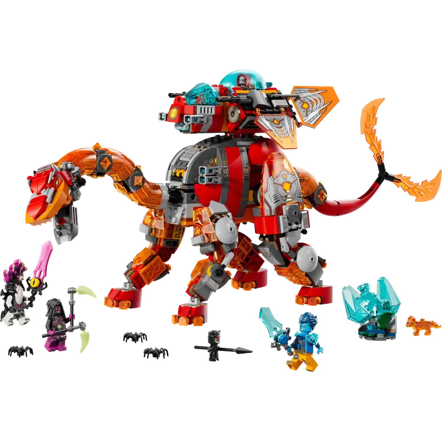 Un ensemble Lego avec un méca-dragon rouge et orange avec des figurines et accessoires, sur fond blanc.