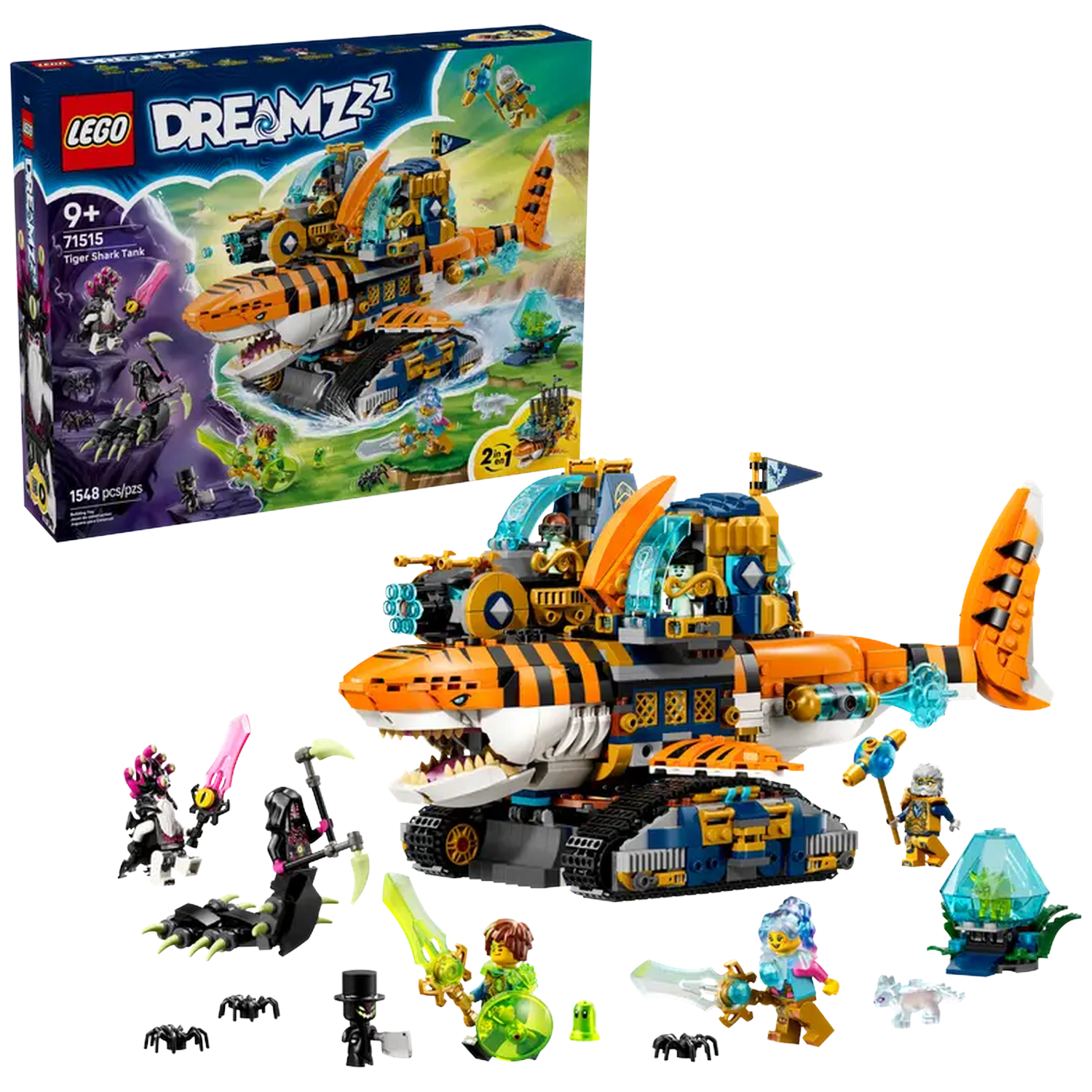 LEGO Dreamzzz set. Tiger Shark Tank model met minifiguren en accessoires. Doos toont het model in actie.