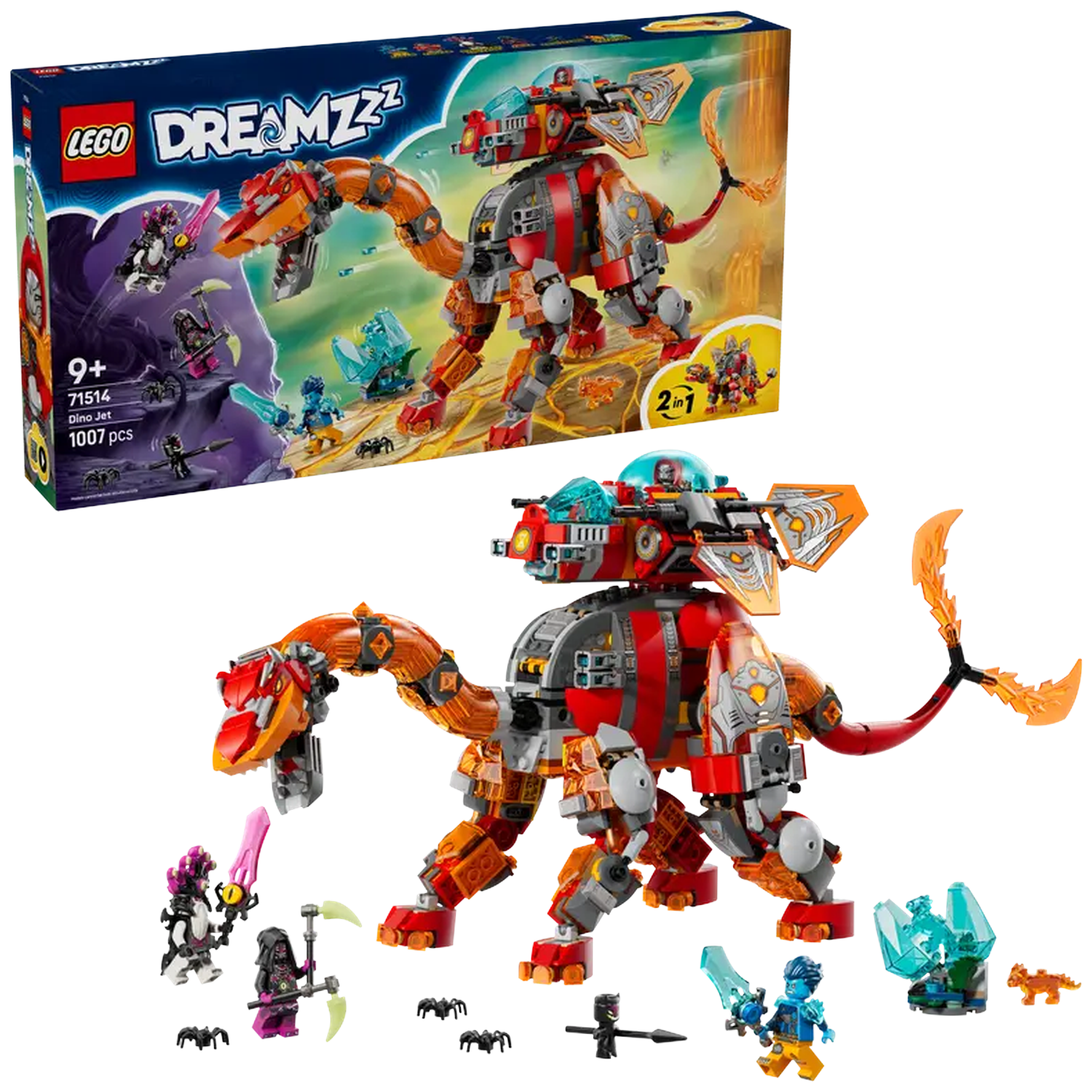 Ensemble Lego Dreamzzz Dino Jet. Un robot dinosaure rouge et orange avec de petites figurines et une boîte avec l'illustration du set.