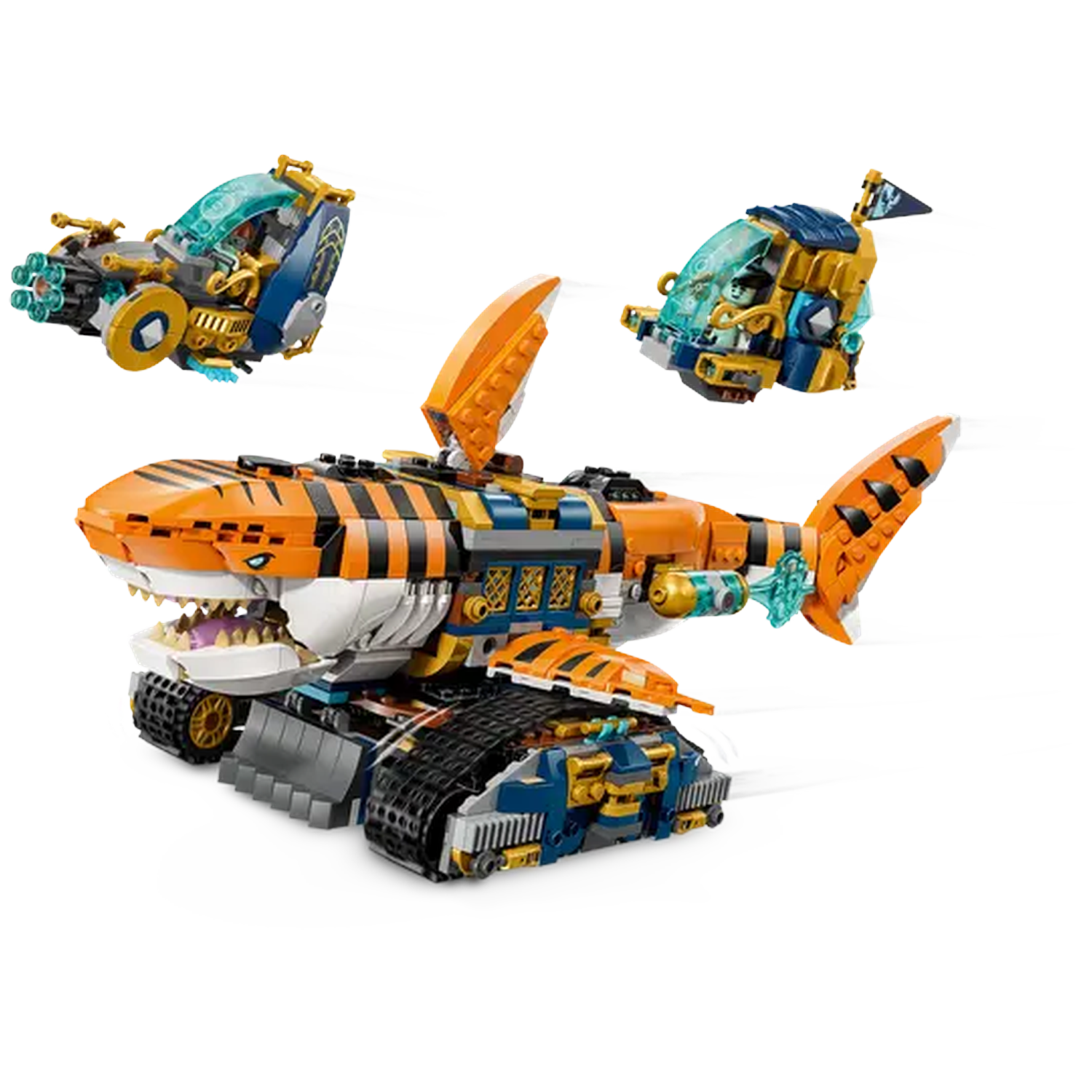 Een Lego haaientank met tijgerstrepen, twee kleinere voertuigen. Blauw, oranje en goud domineren. De haai heeft een open mond.