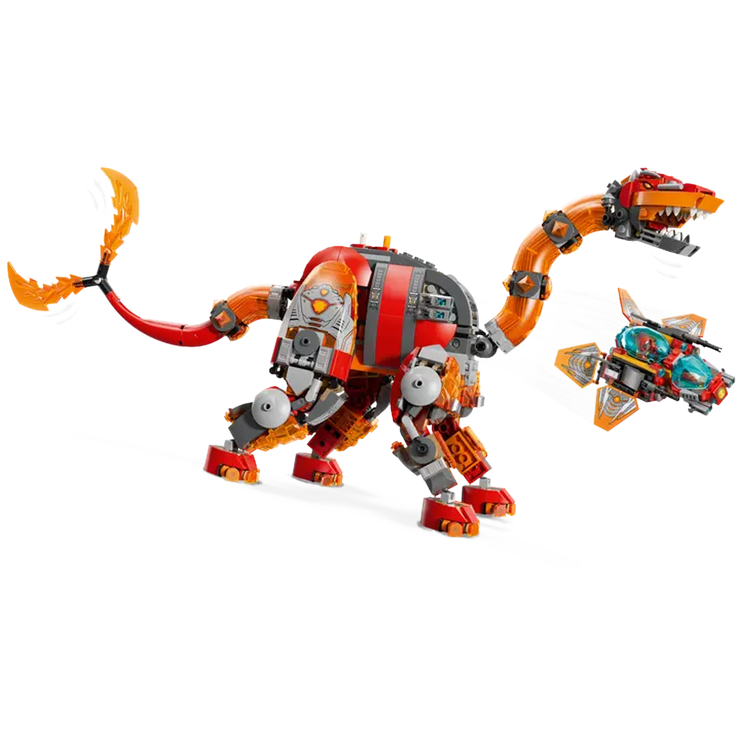 Un dinosaure Lego avec un jet détachable. Il est rouge, orange et gris, avec un long cou et une queue. Le jet est également orange et rouge.