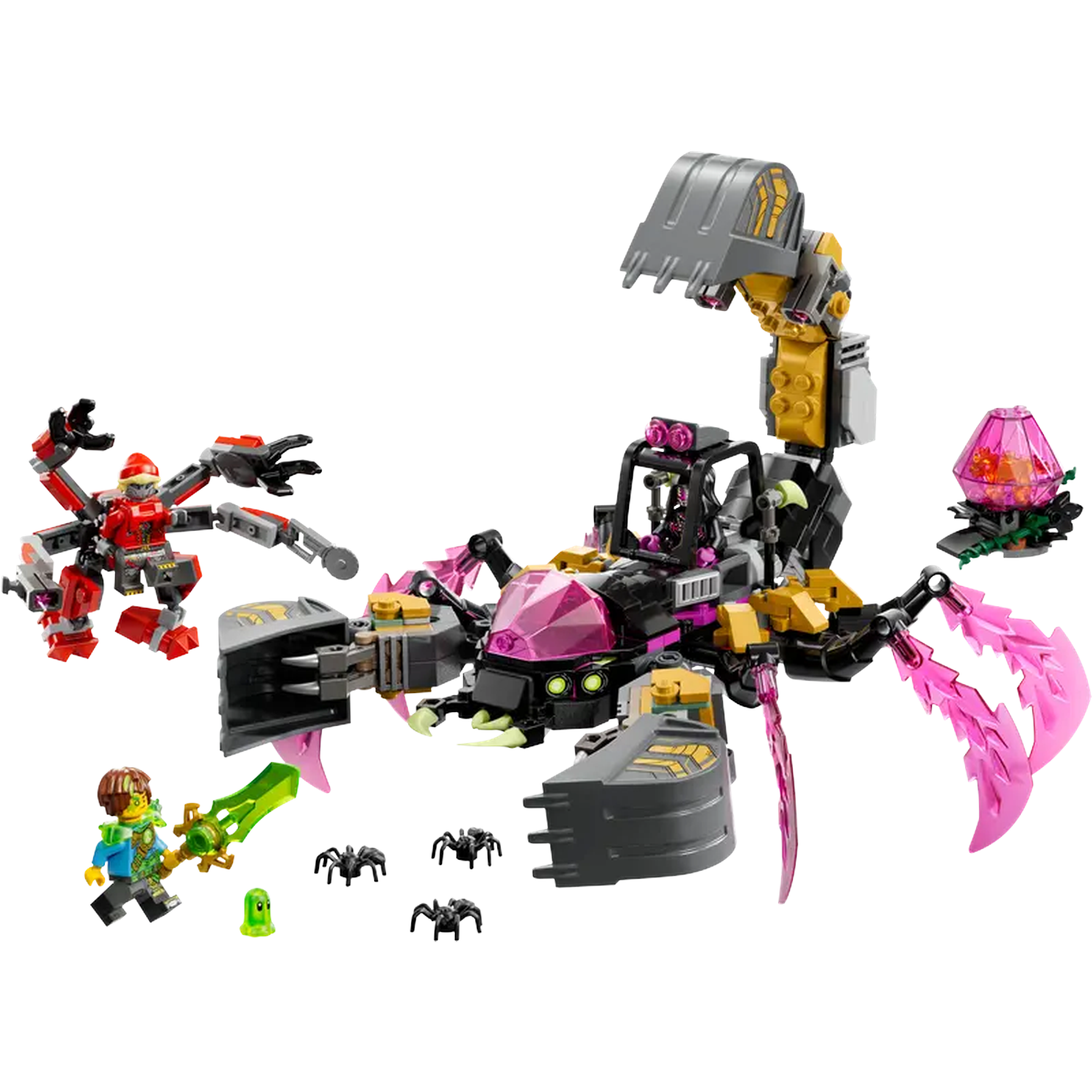 Lego-set met een grote schorpioen, minifiguren en spinnenrobots. Het heeft een zwart, goud en roze kleurenschema.