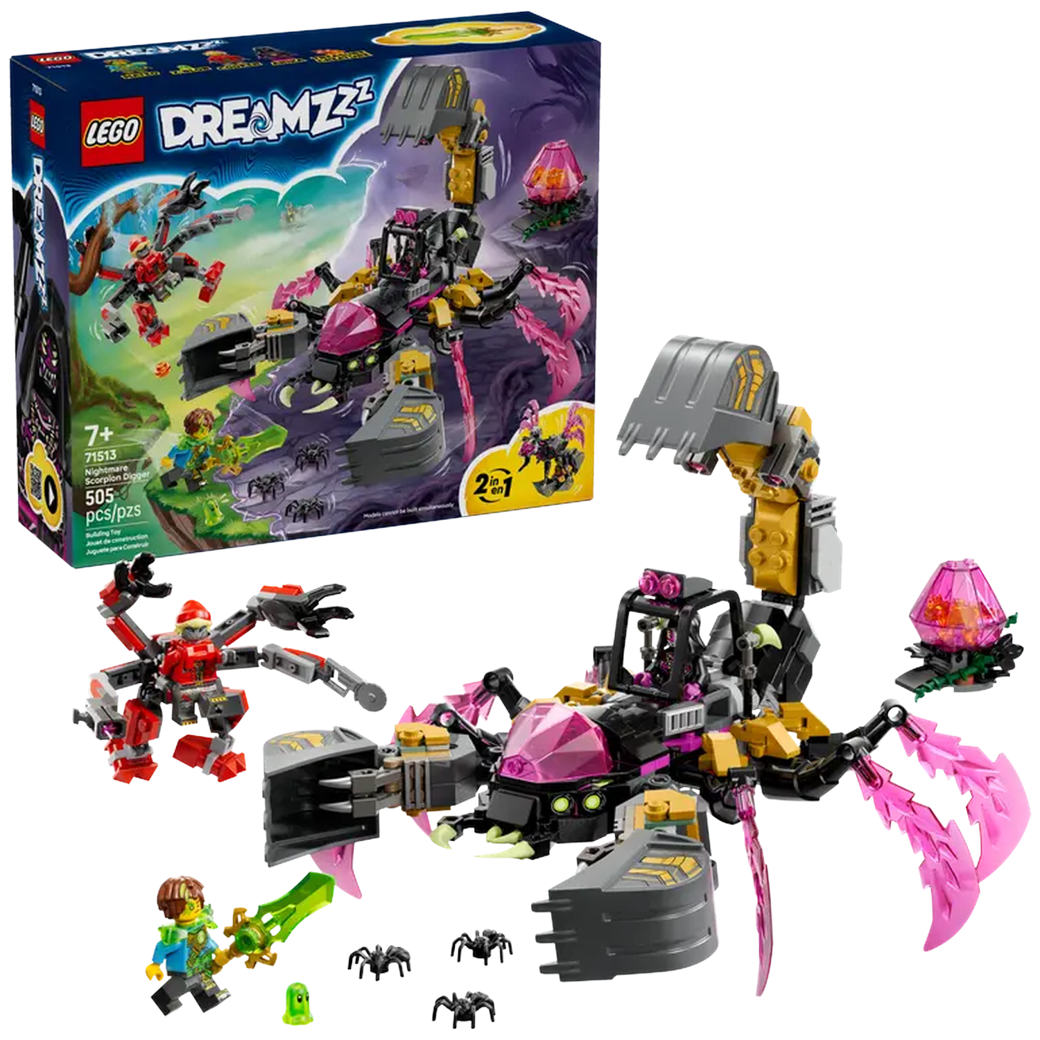 Lego Dreamzzz set. Een schorpioen graafmachine en een rood spinachtig figuur. De doos toont de inhoud van de set.