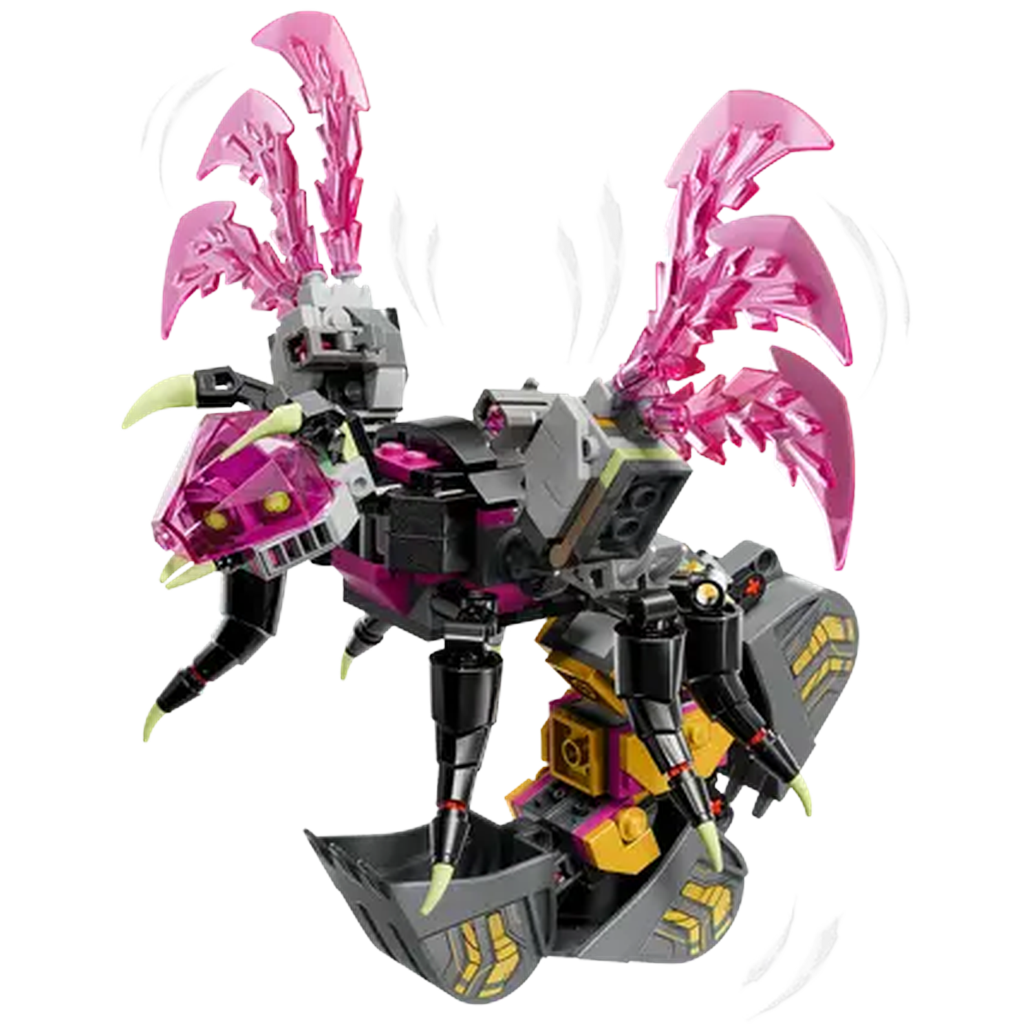 Een Lego insectachtige robot met roze vleugels, zwarte body en gele accenten. Het heeft meerdere poten en een open mond detail.