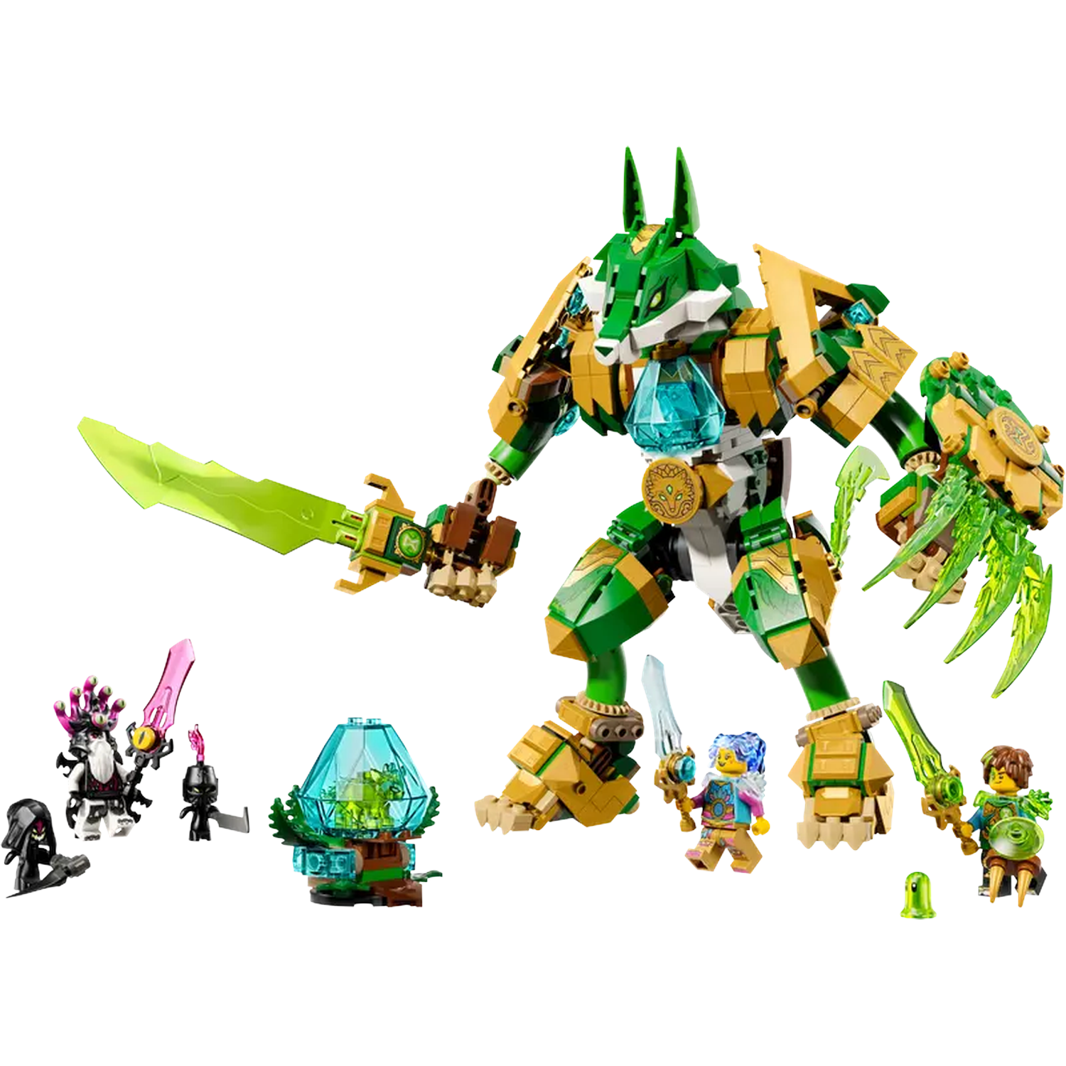 Een Lego-set met een grote groene en gouden wolfrobot, minifiguren en diverse accessoires, tegen een witte achtergrond.