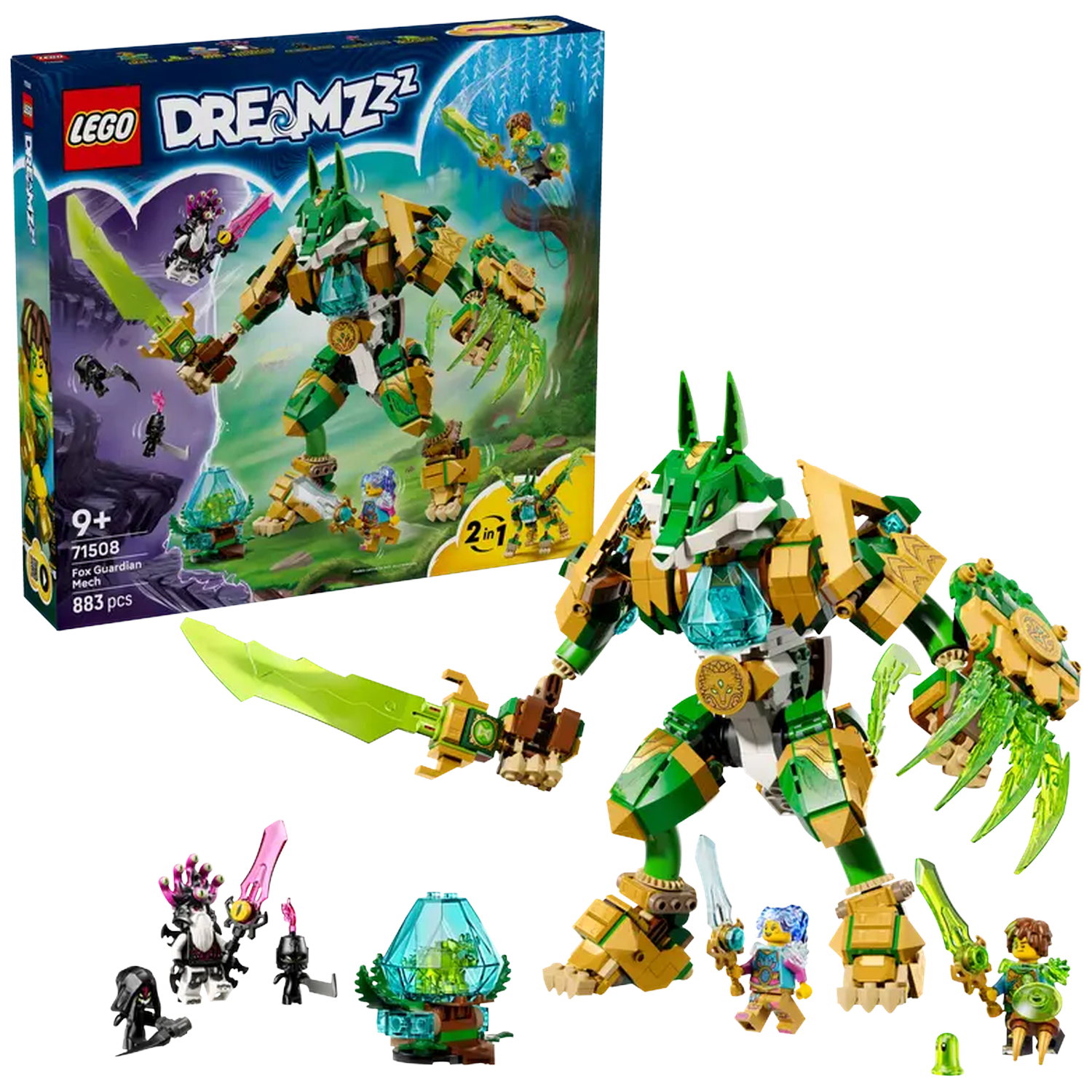 Lego Dreamzzz set met een grote groene en gouden vos mech, minifiguren en een doos met de set.