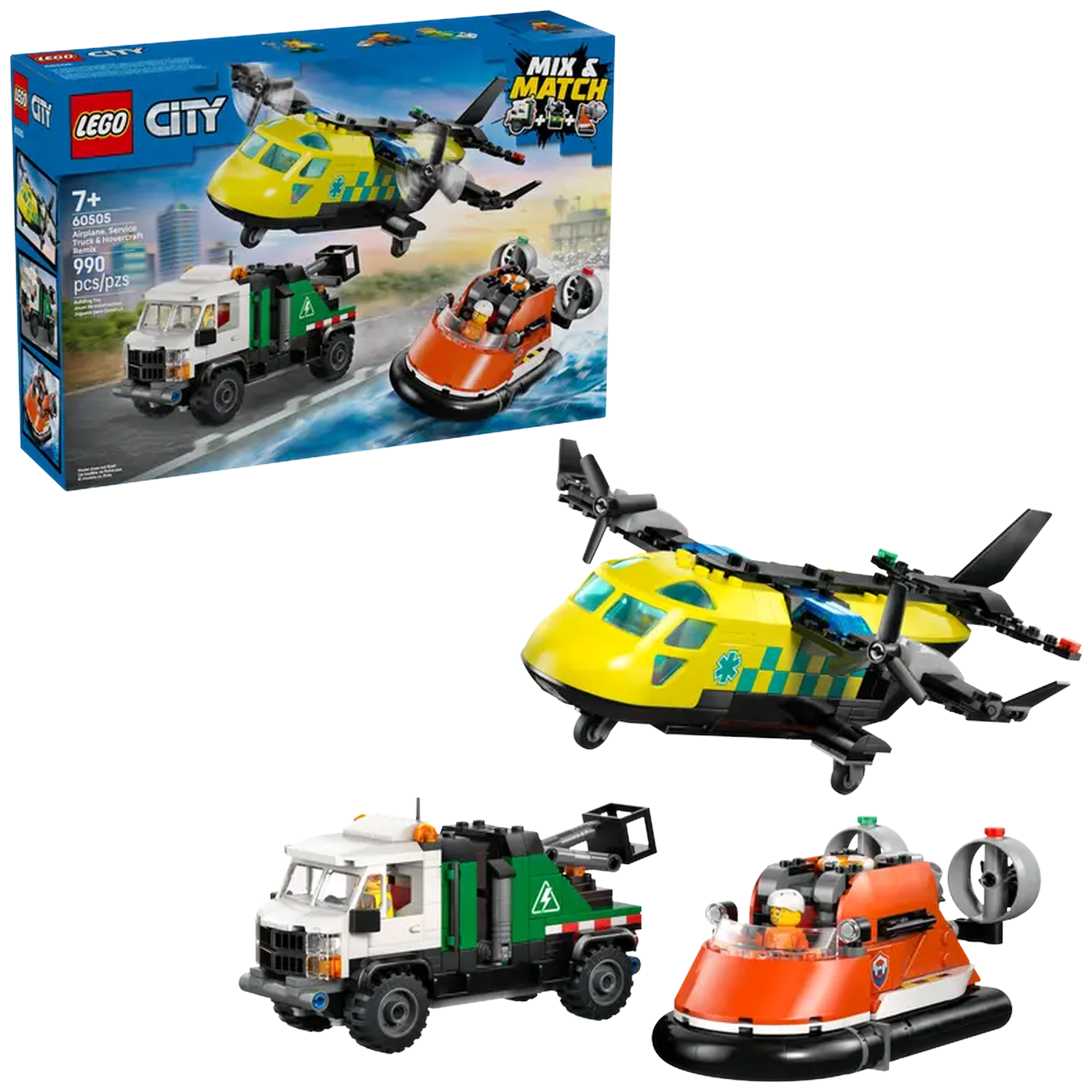 A Lego set box and assembled models: yellow helicopter, orange hovercraft, white and green truck.