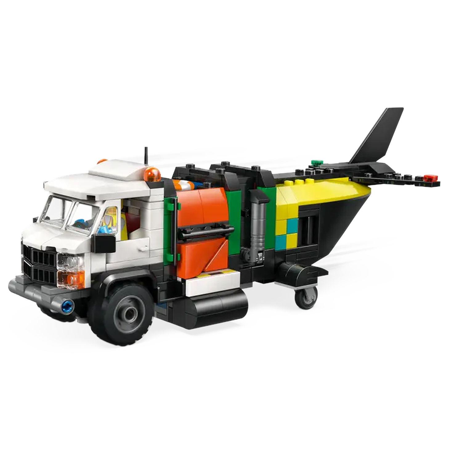 A Lego truck with a helicopter tail. It has a white front, orange, green, and yellow details. Black wheels and rotor.