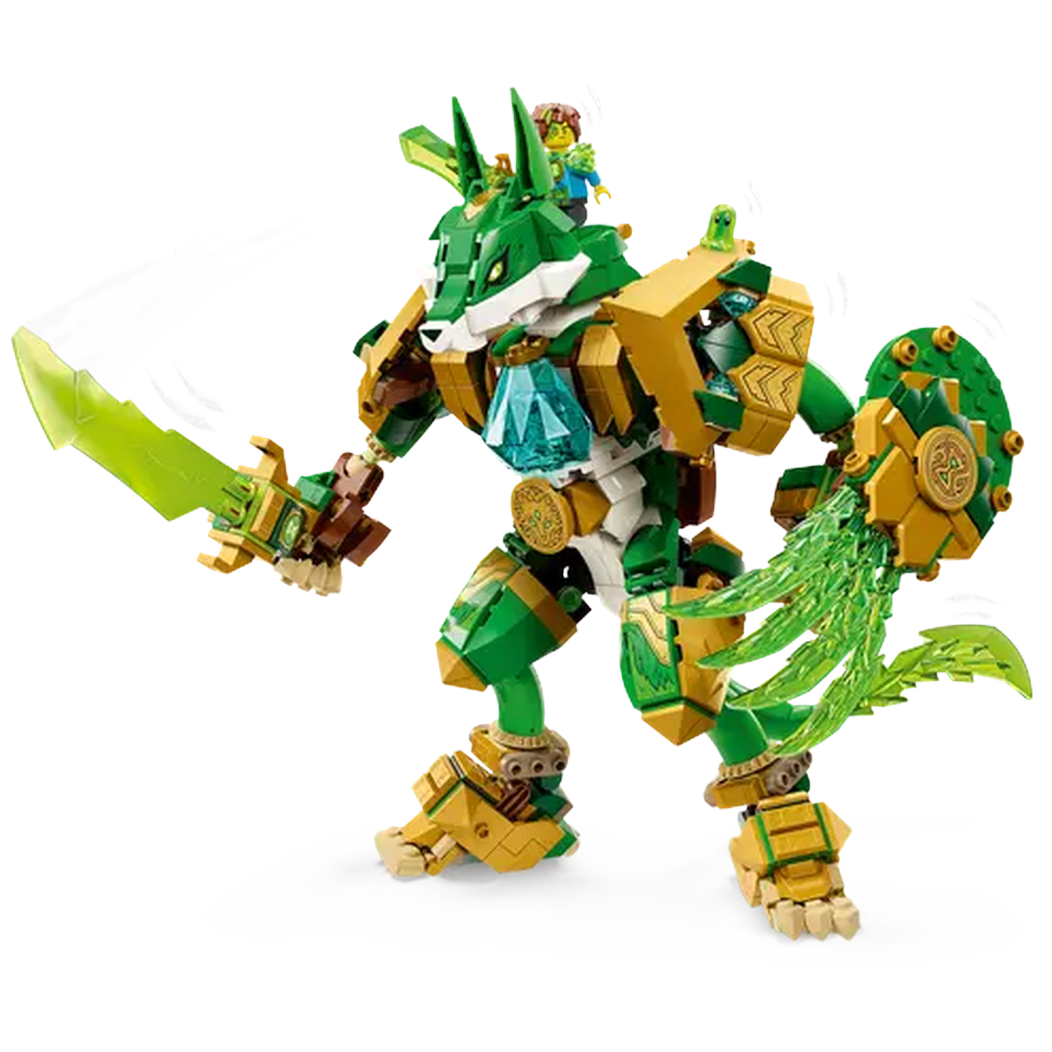 Een Lego wolfrobot met een groen zwaard en schild, met een minifiguur erop. De robot is groen en goud.